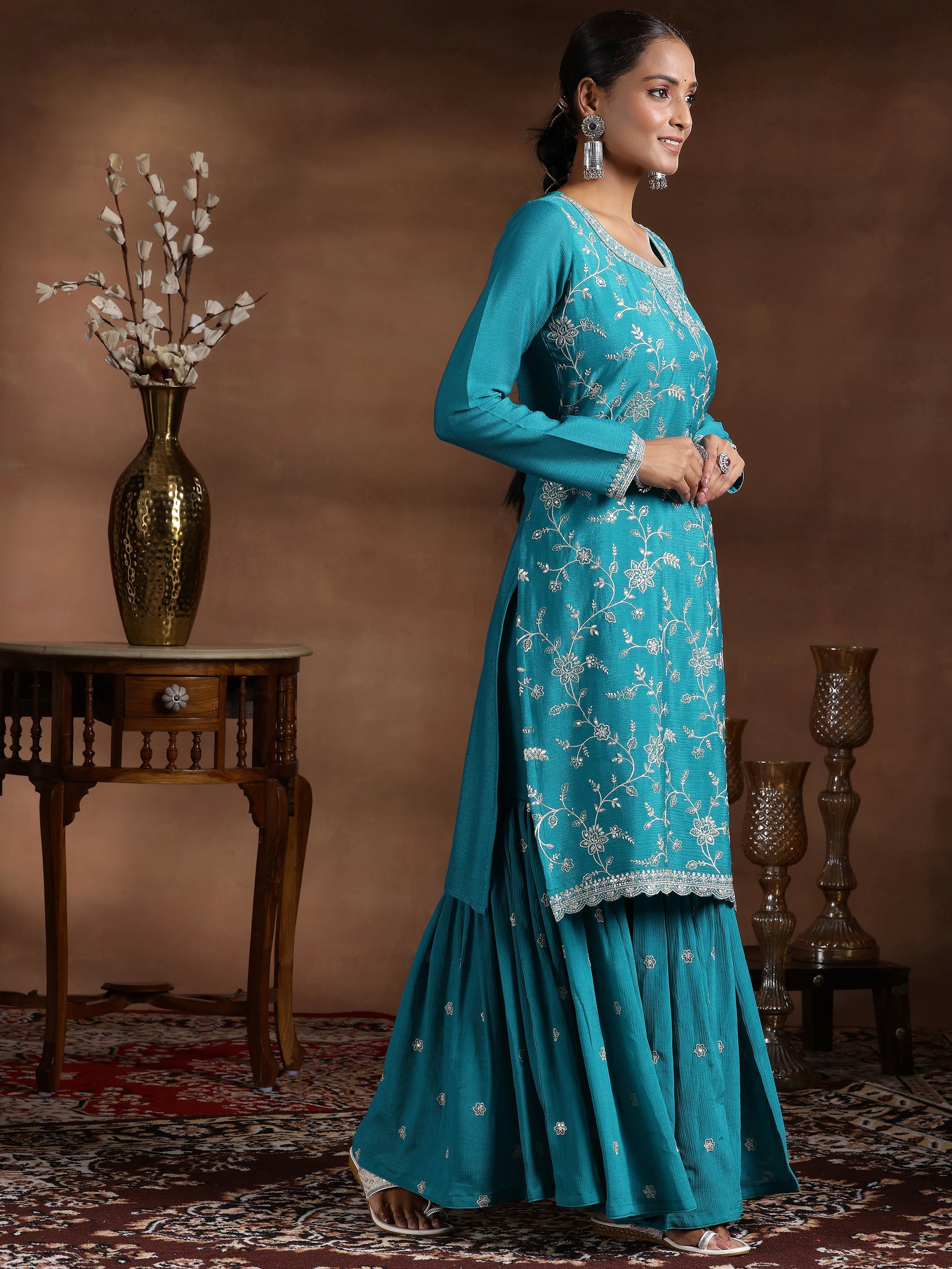 Rama Blue Embroidered Silk Blend Straight Suit With Dupatta