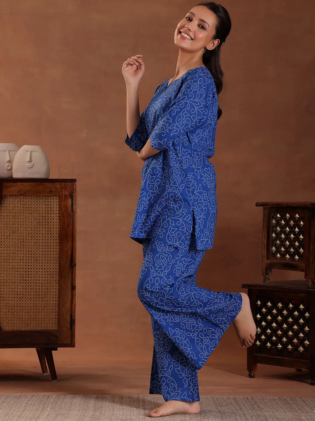 Blue Printed Cotton Night Suit