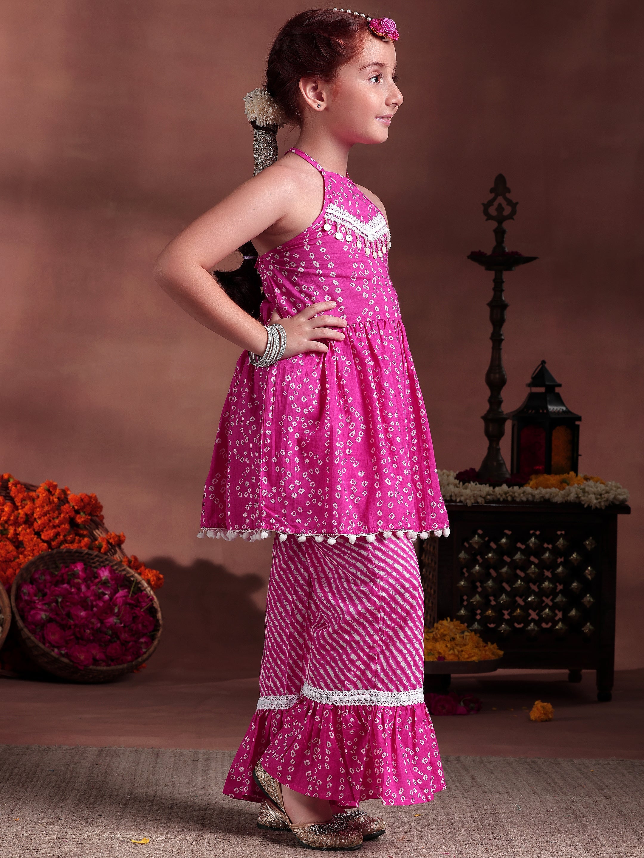 Kids Pink Printed Cotton A-Line Kurti With Palazzos & Dupatta