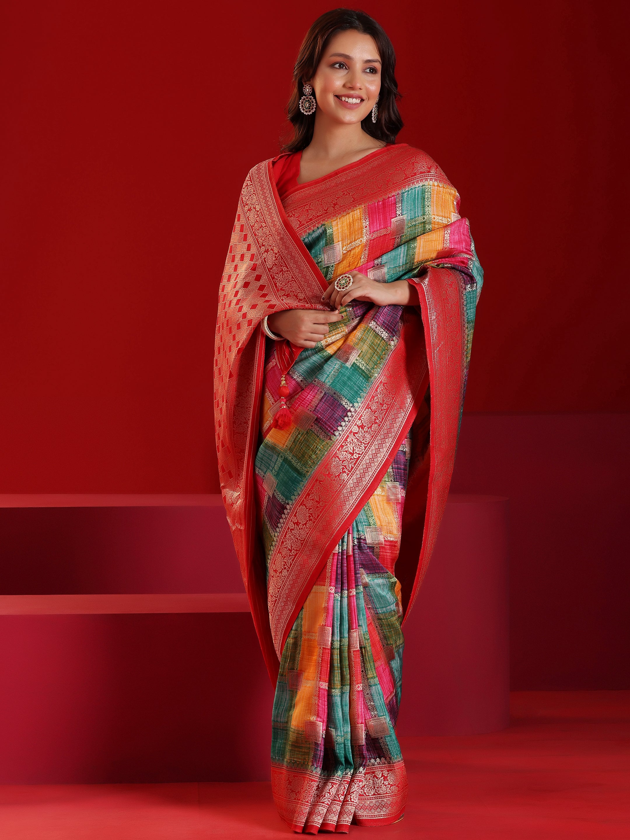 Libas Art Multicoloured Woven Design Satin Saree With Unstitched  Blouse Piece