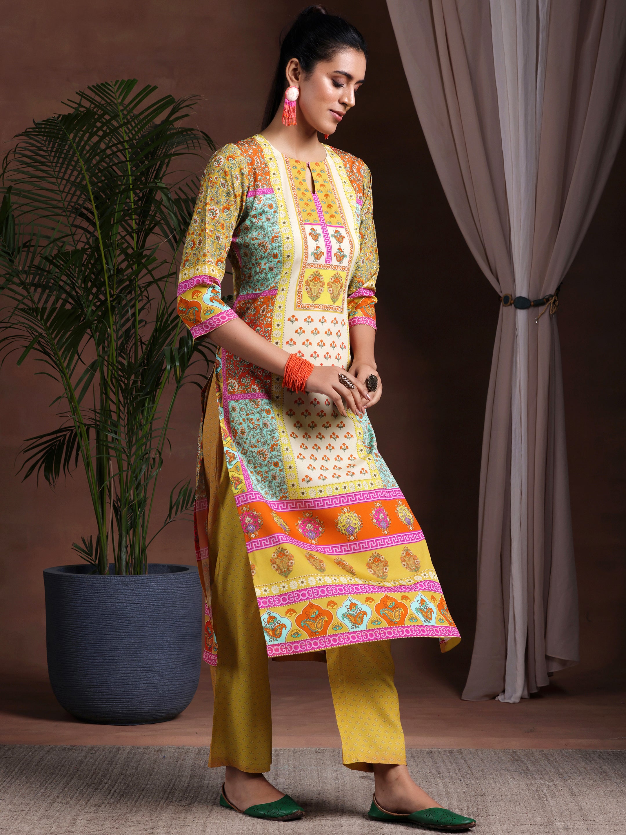 Mustard Printed Poly Crepe Straight Suit With Dupatta