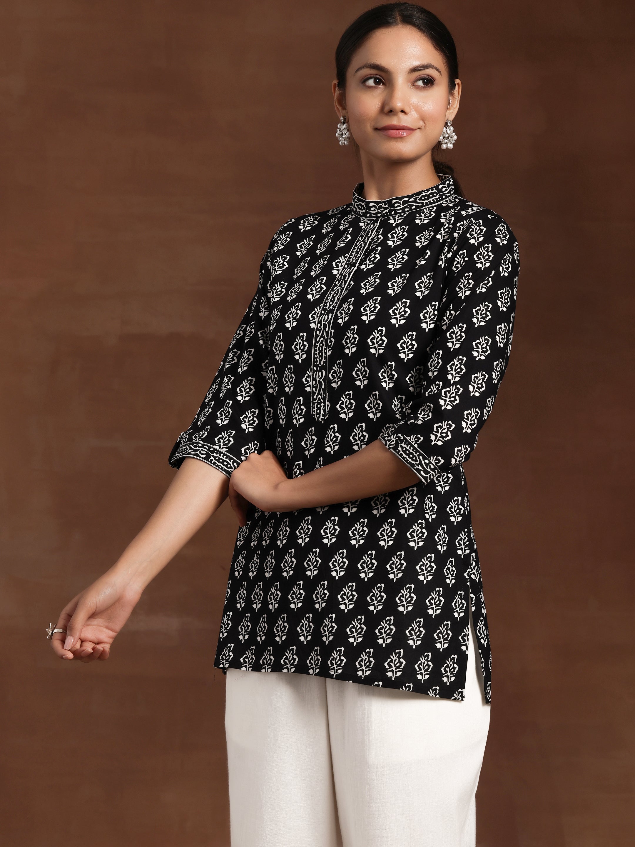 Black Printed Cotton A-Line Kurti