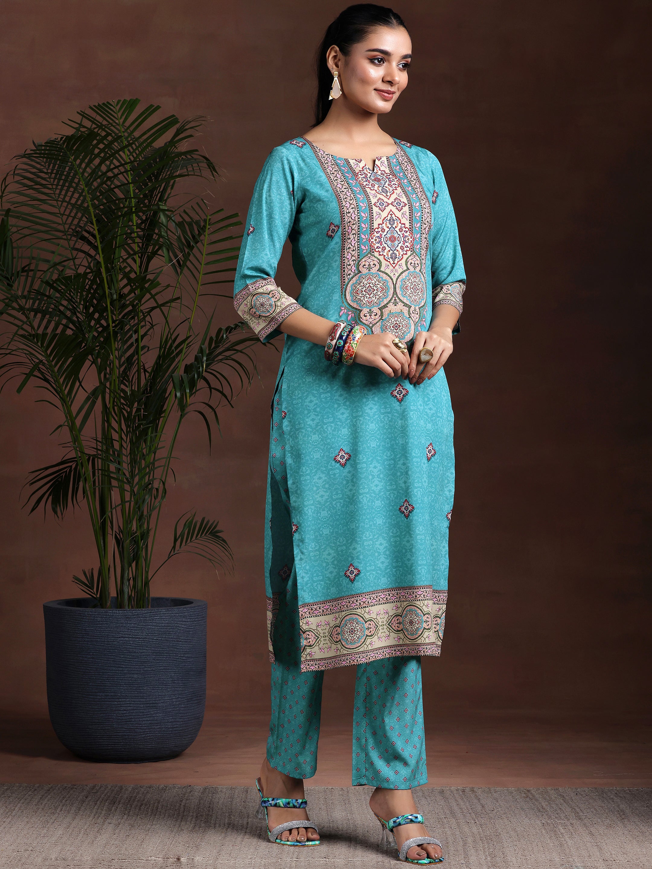 Blue Printed Poly Crepe Straight Suit With Dupatta