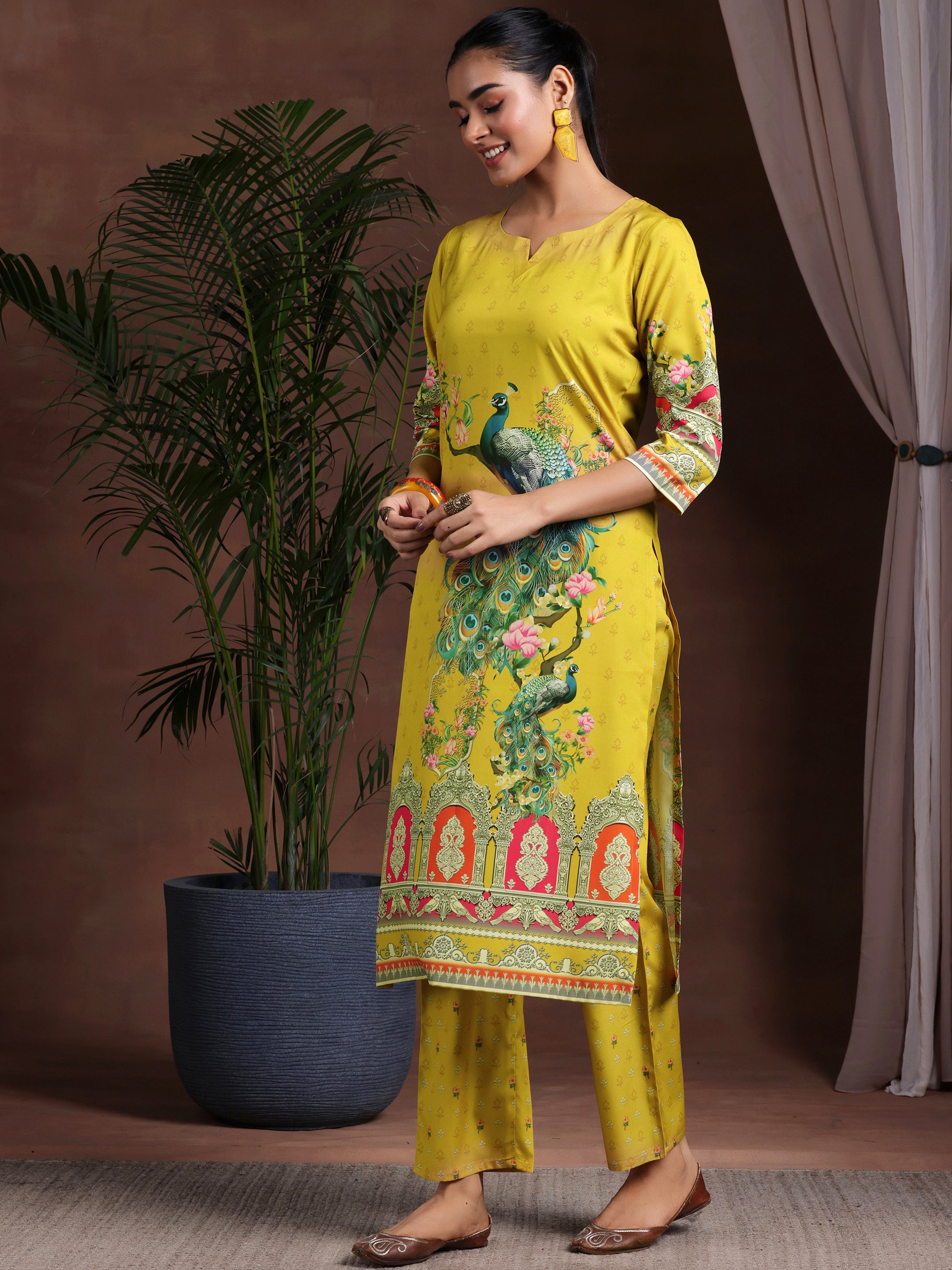 Mustard Printed Poly Crepe Straight Suit With Dupatta