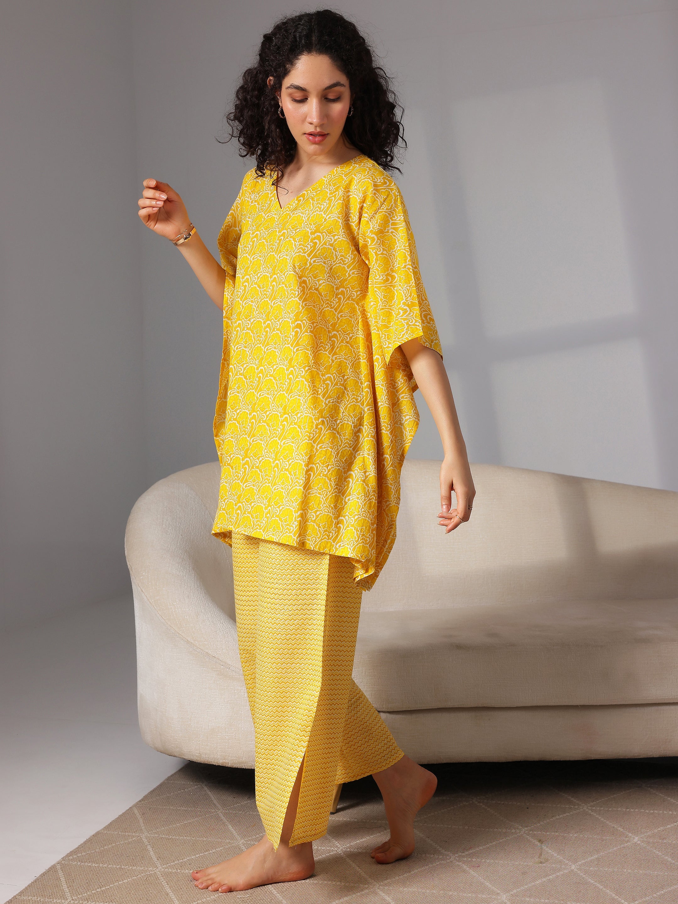 Yellow Printed Cotton Night Suits