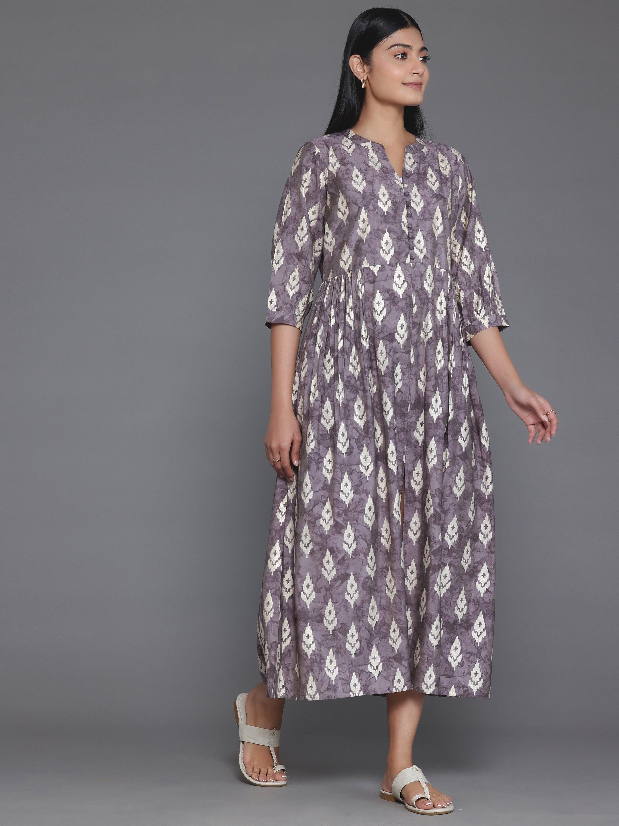 Mauve Printed Silk Fit and Flare Dress