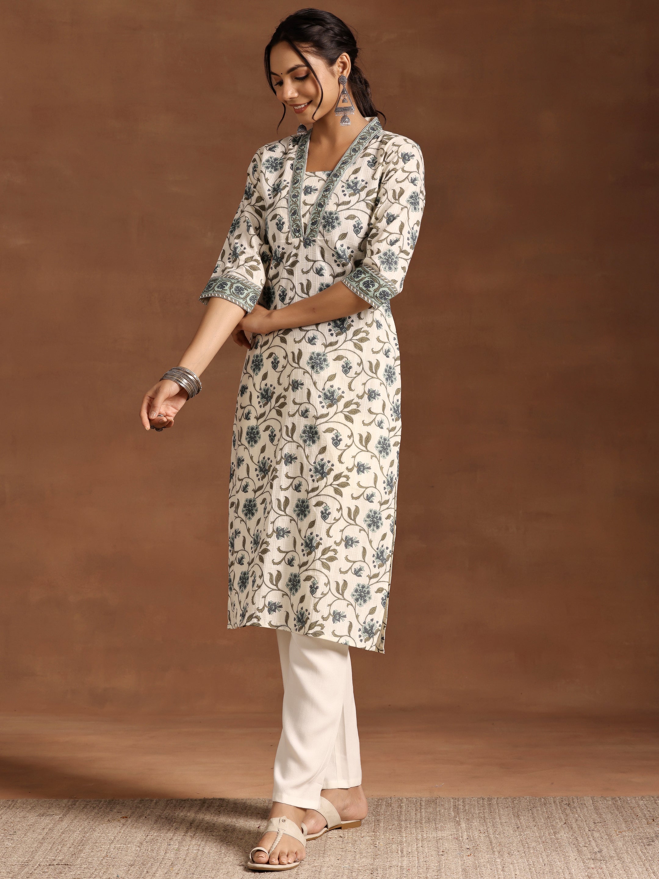 Off White Printed Cotton Straight Kurta