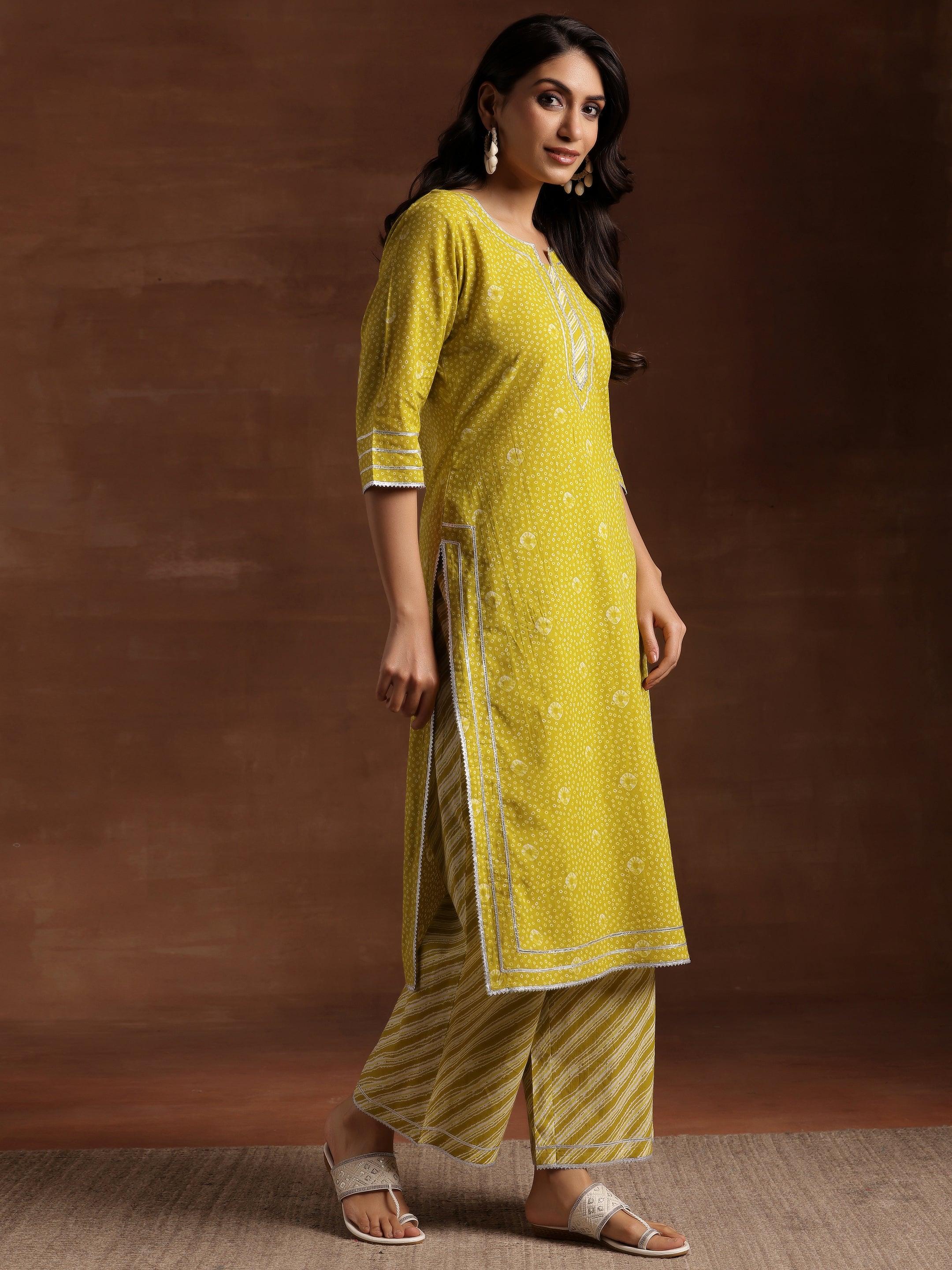 Lime Green Printed Cotton Straight Suit With Dupatta