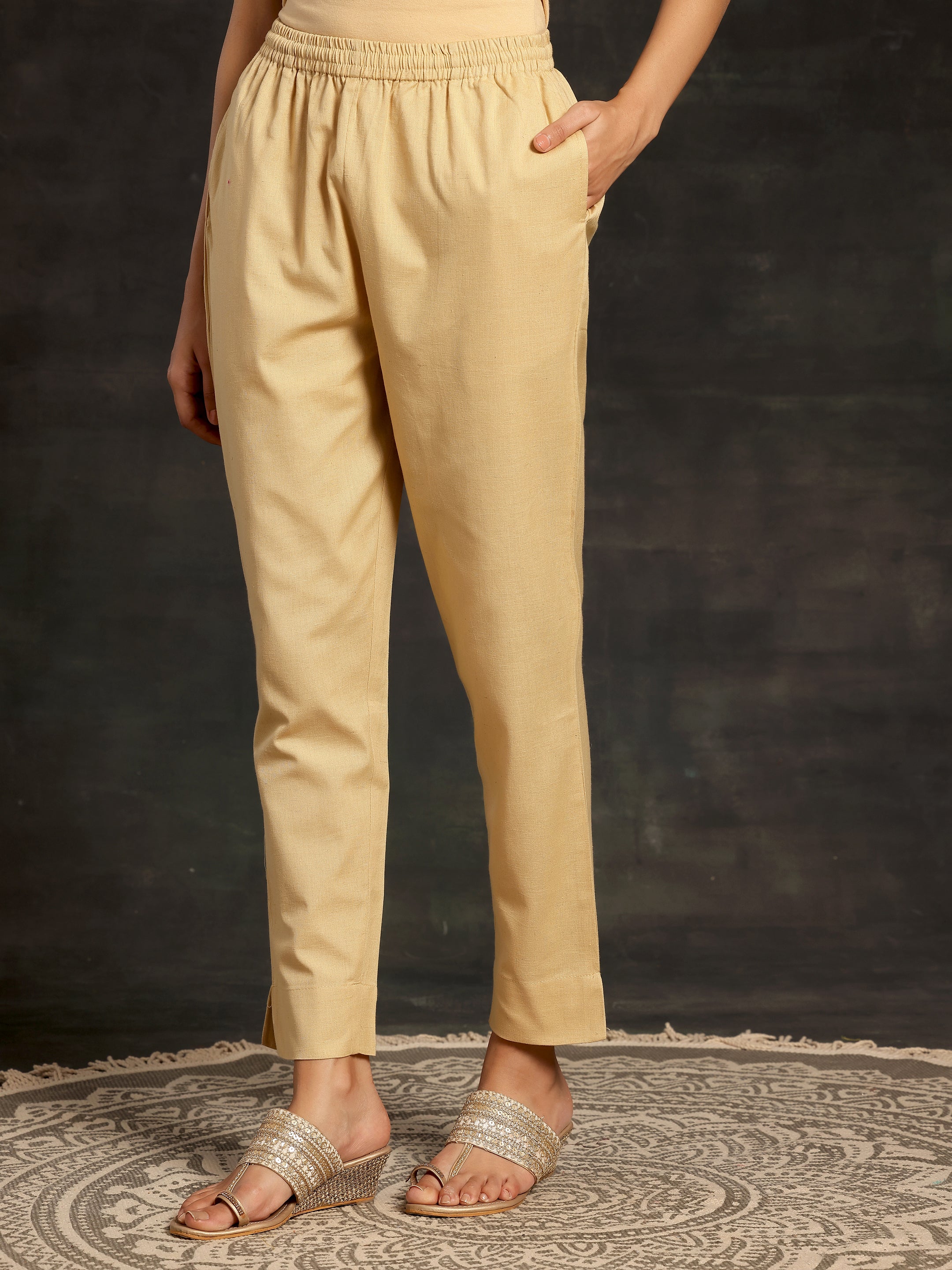 Cream Solid Cotton Straight Fit Trousers
