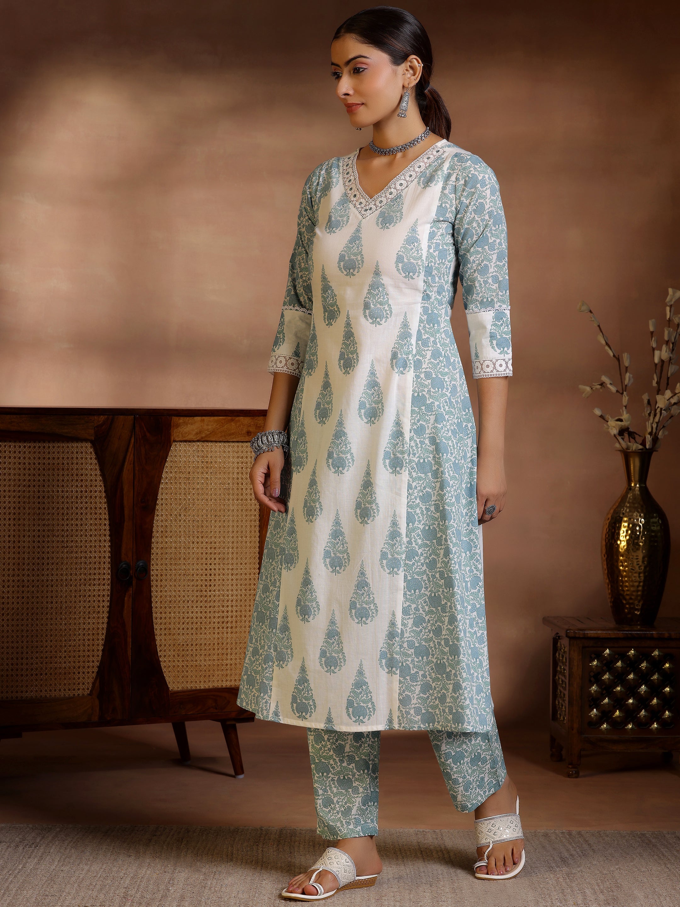 Off White Printed Cotton A-Line Kurta With Trousers & Dupatta