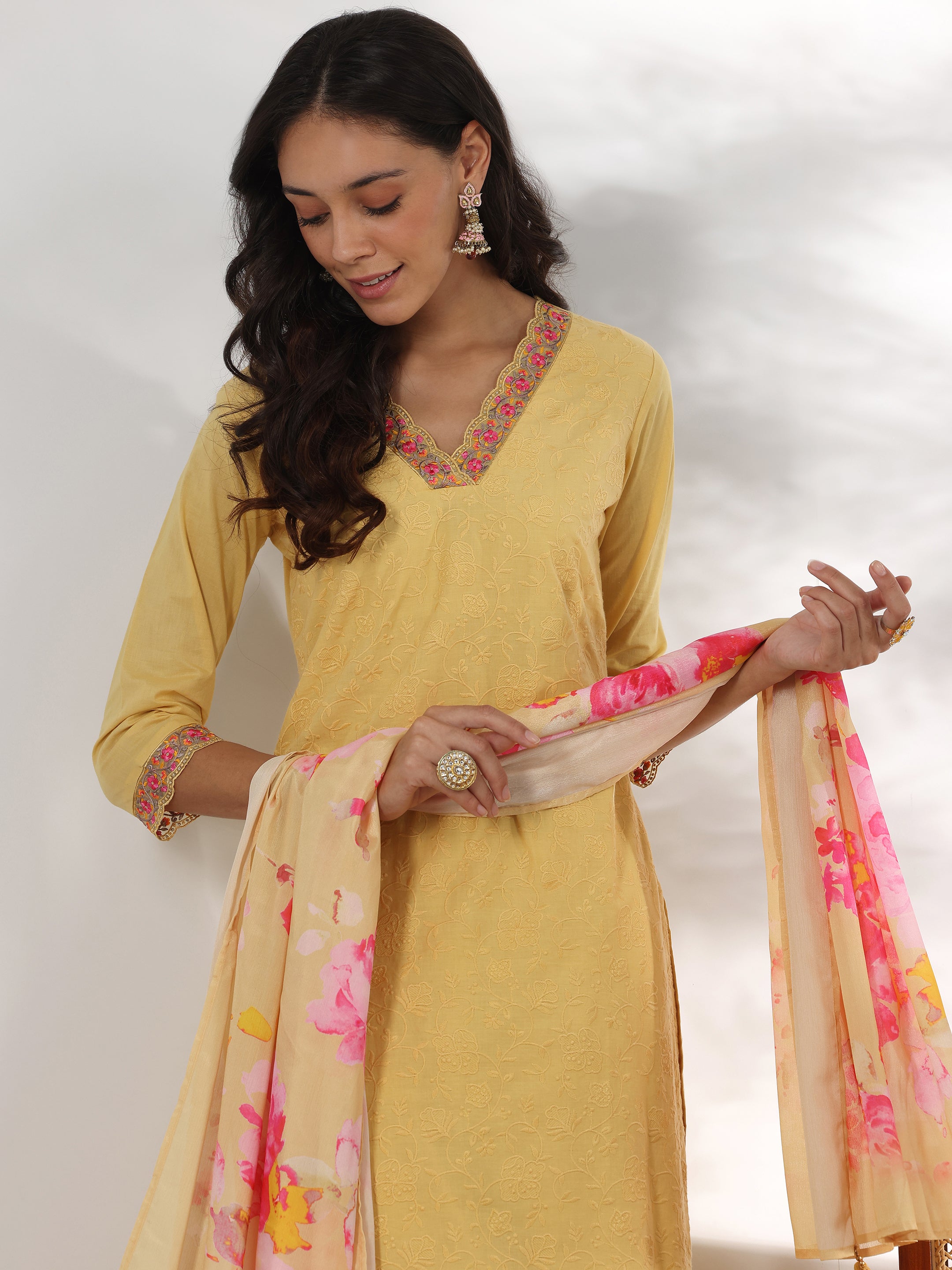 Lime Embroidered Cotton Straight Suit With Dupatta