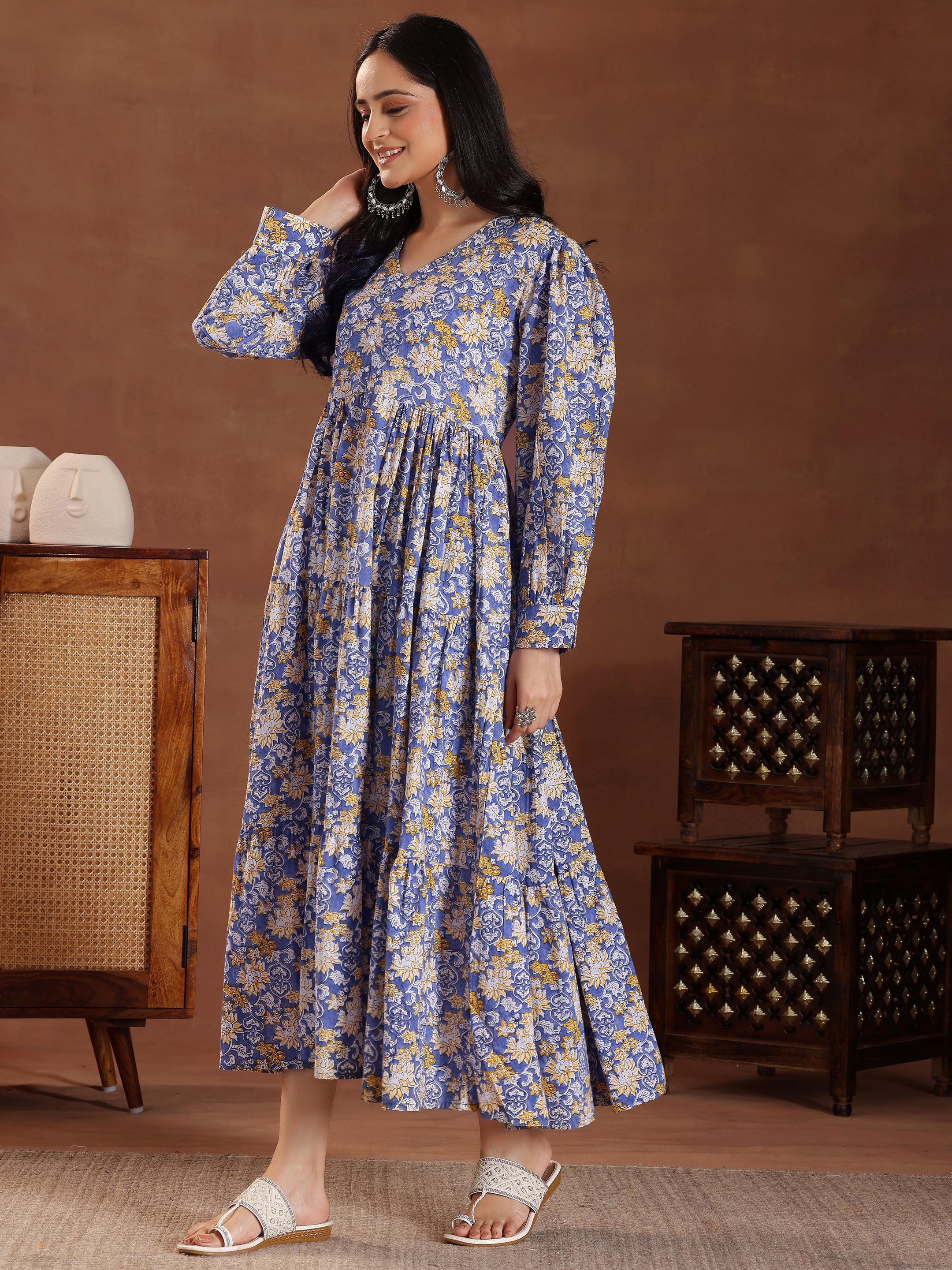 Blue Printed Cotton Fit and Flare Dress