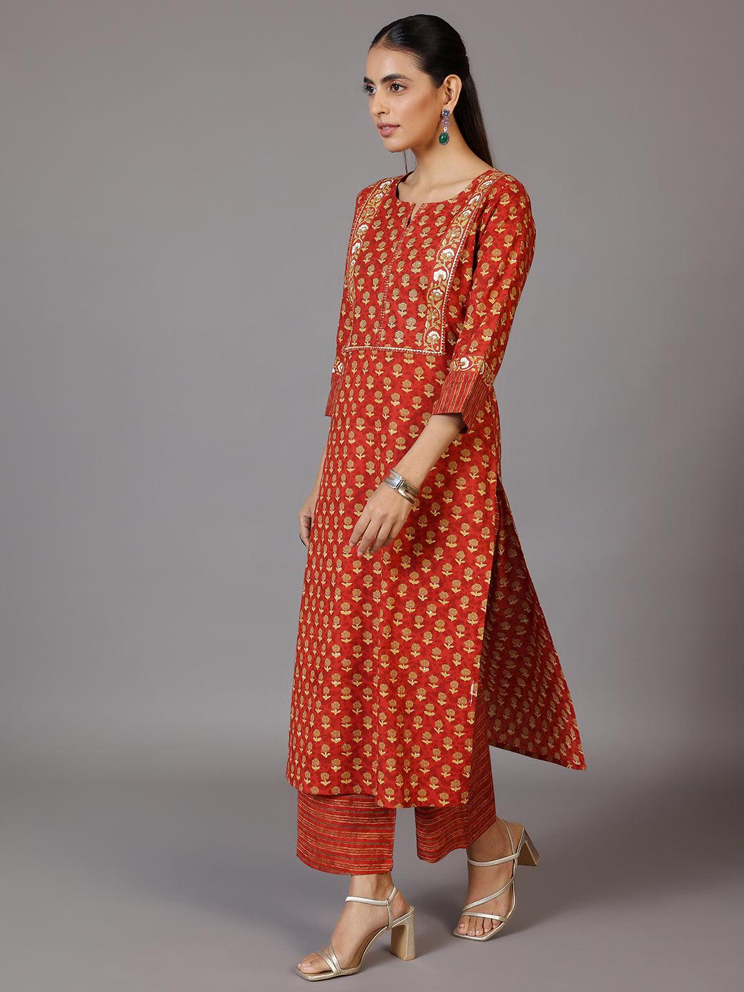 Rust Printed Cotton Straight Suit With Dupatta