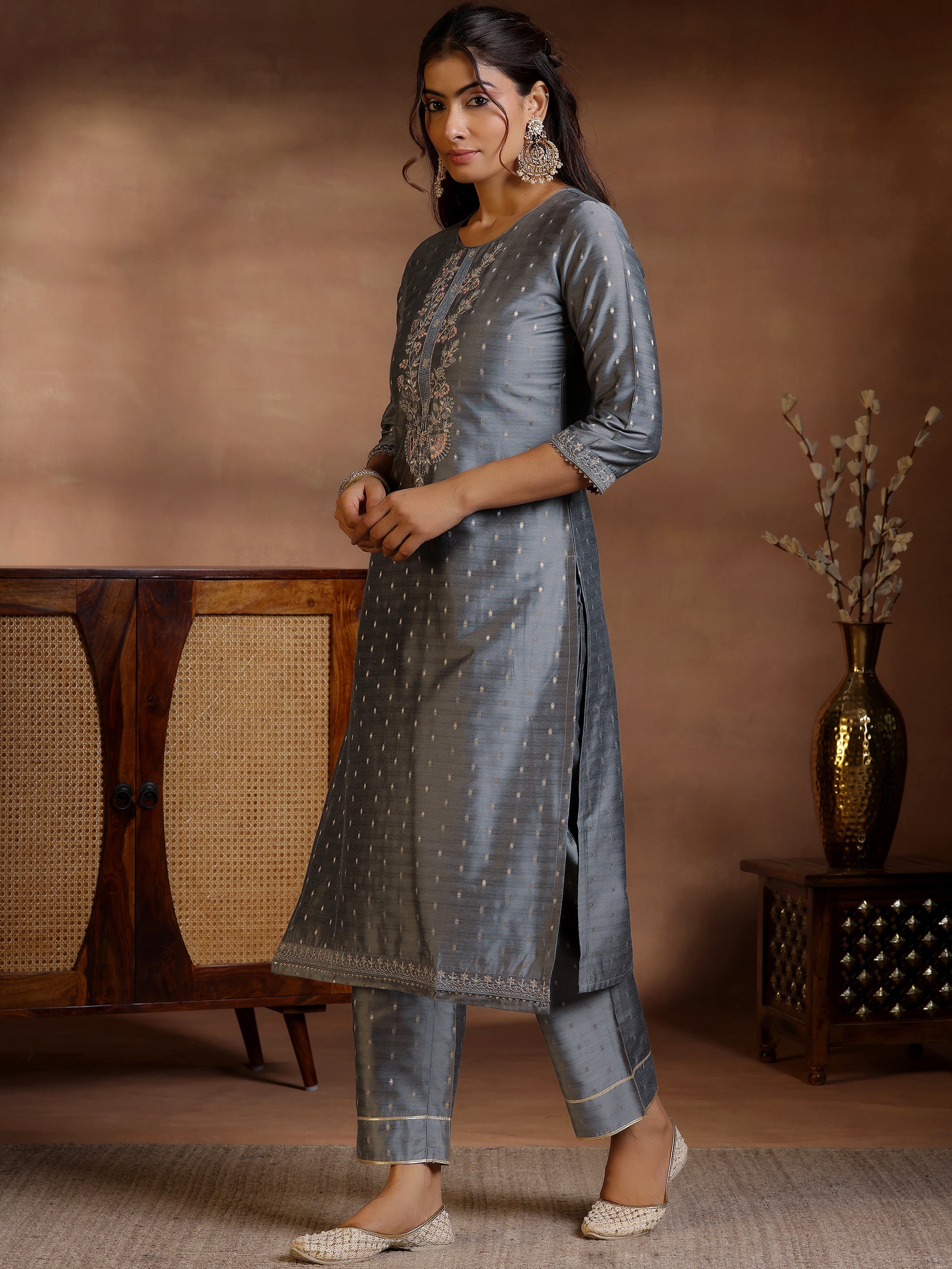 Grey Yoke Design Silk Blend Straight Suits With Dupatta