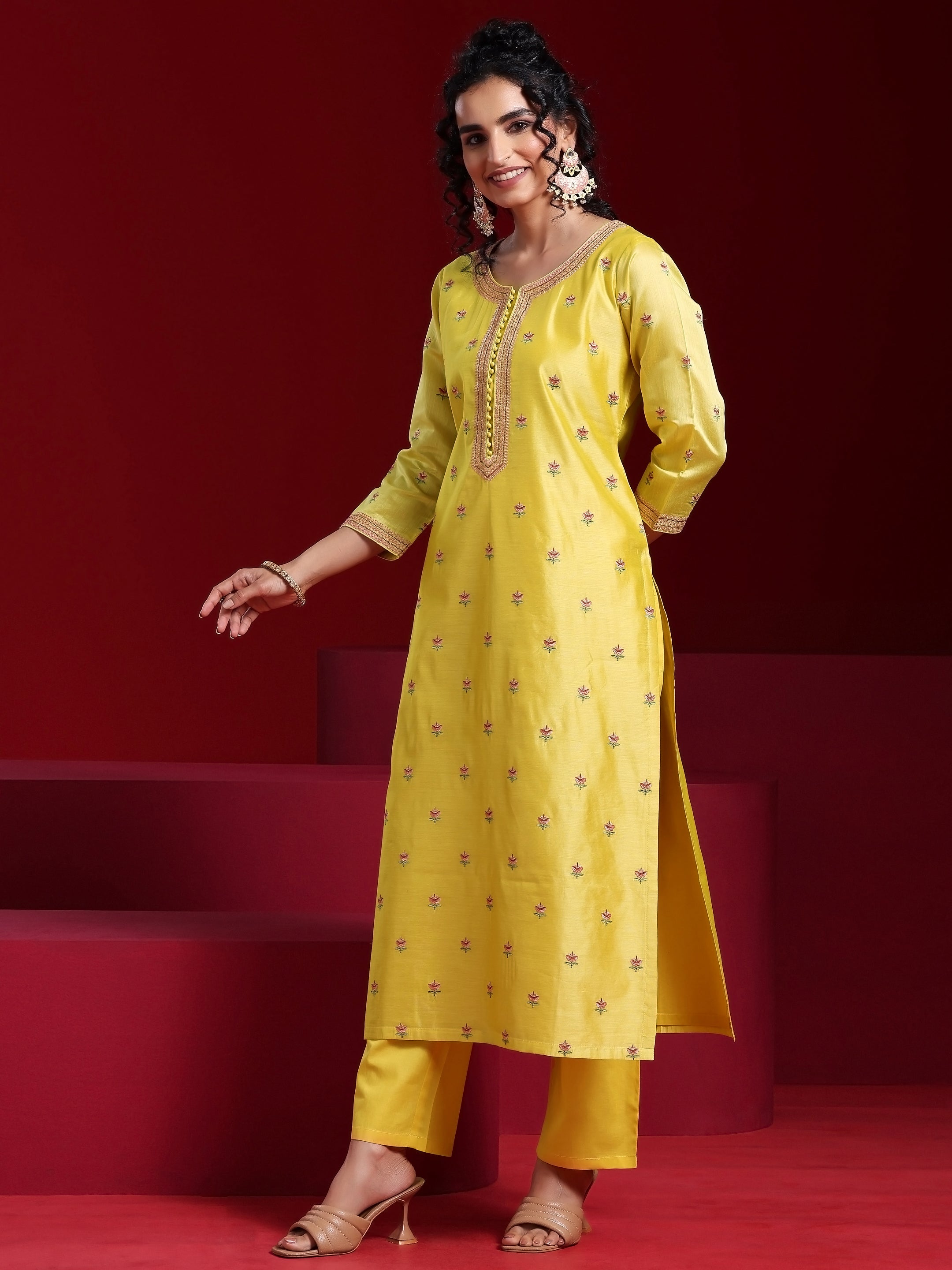 Libas Art Yellow Embroidered Chanderi Silk Straight Suit With Dupatta