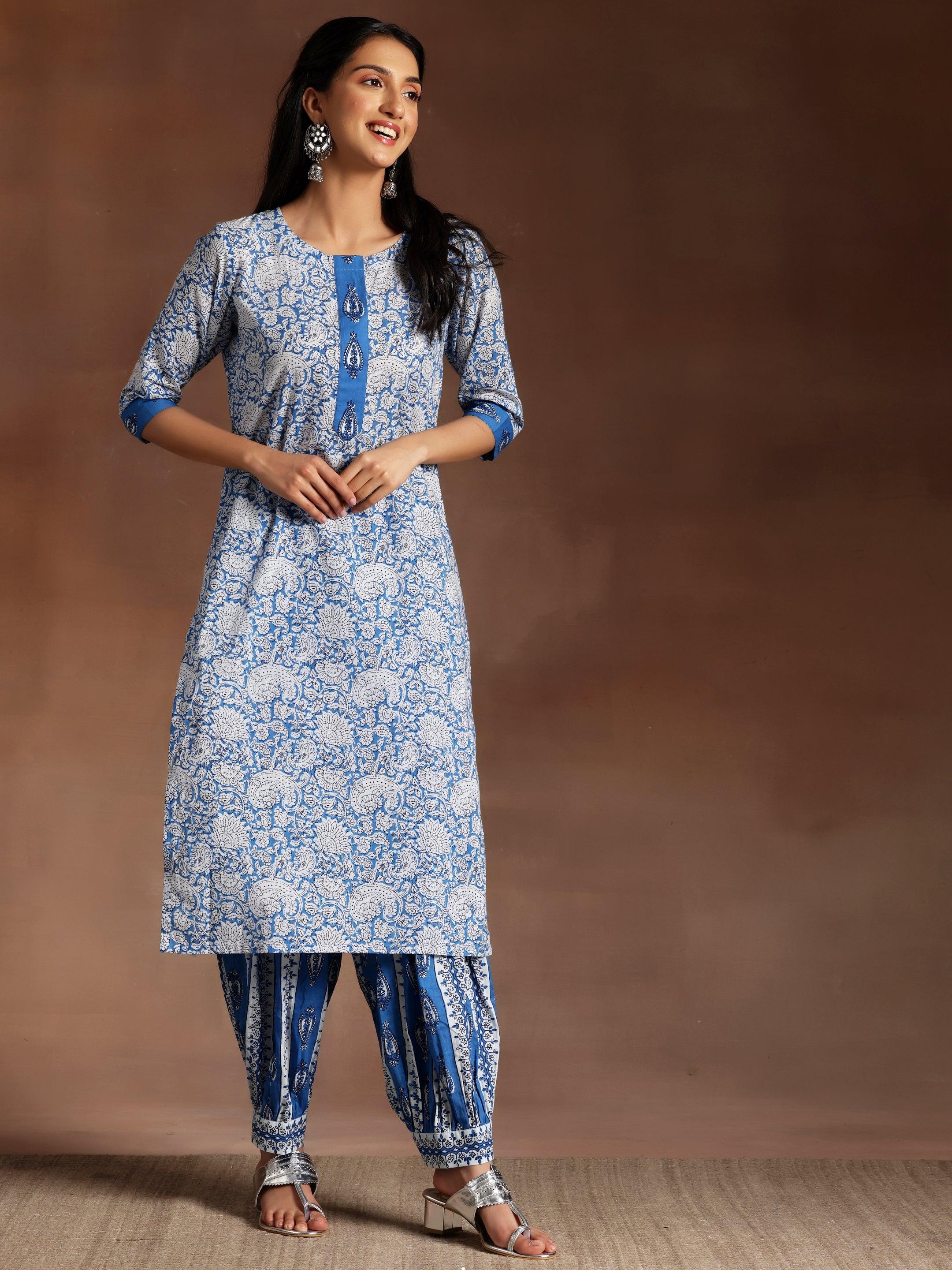 Blue Printed Cotton Straight Suit With Dupatta