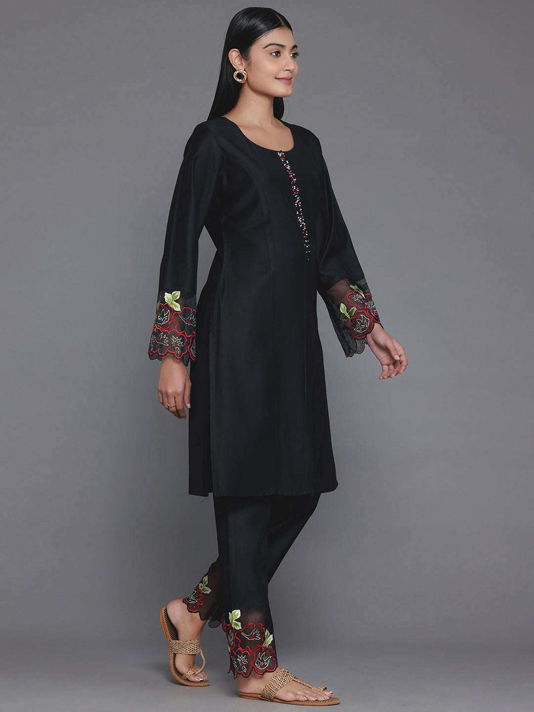 Black Solid Silk Blend Straight Suit With Dupatta