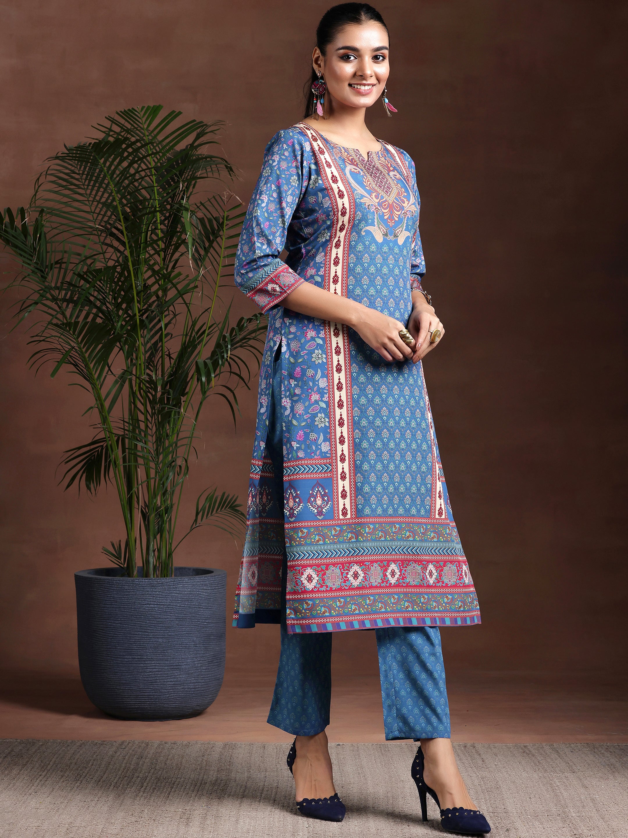 Blue Printed Poly Crepe Straight Suit With Dupatta