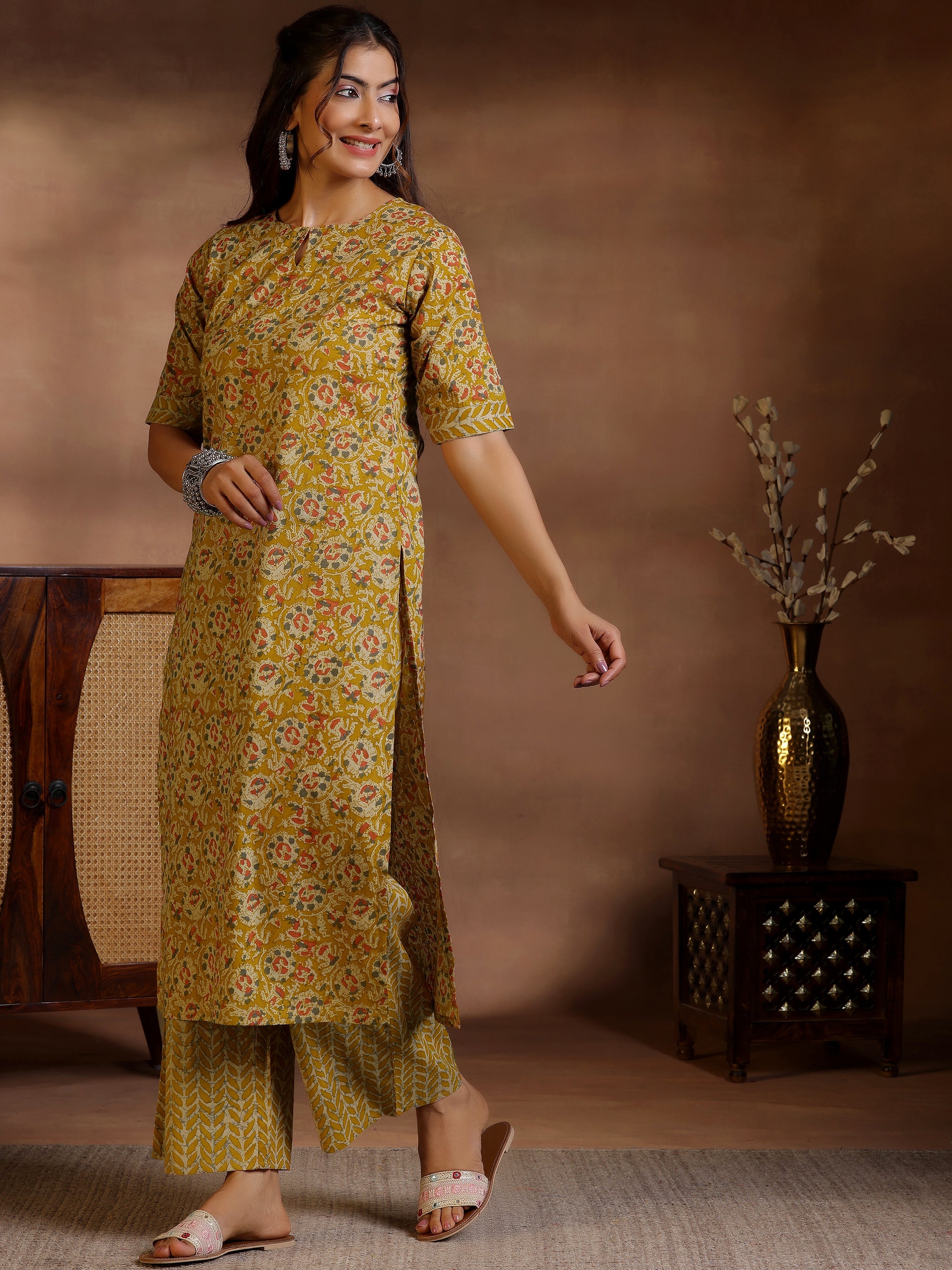 Mustard Printed Cotton Straight Kurta Set