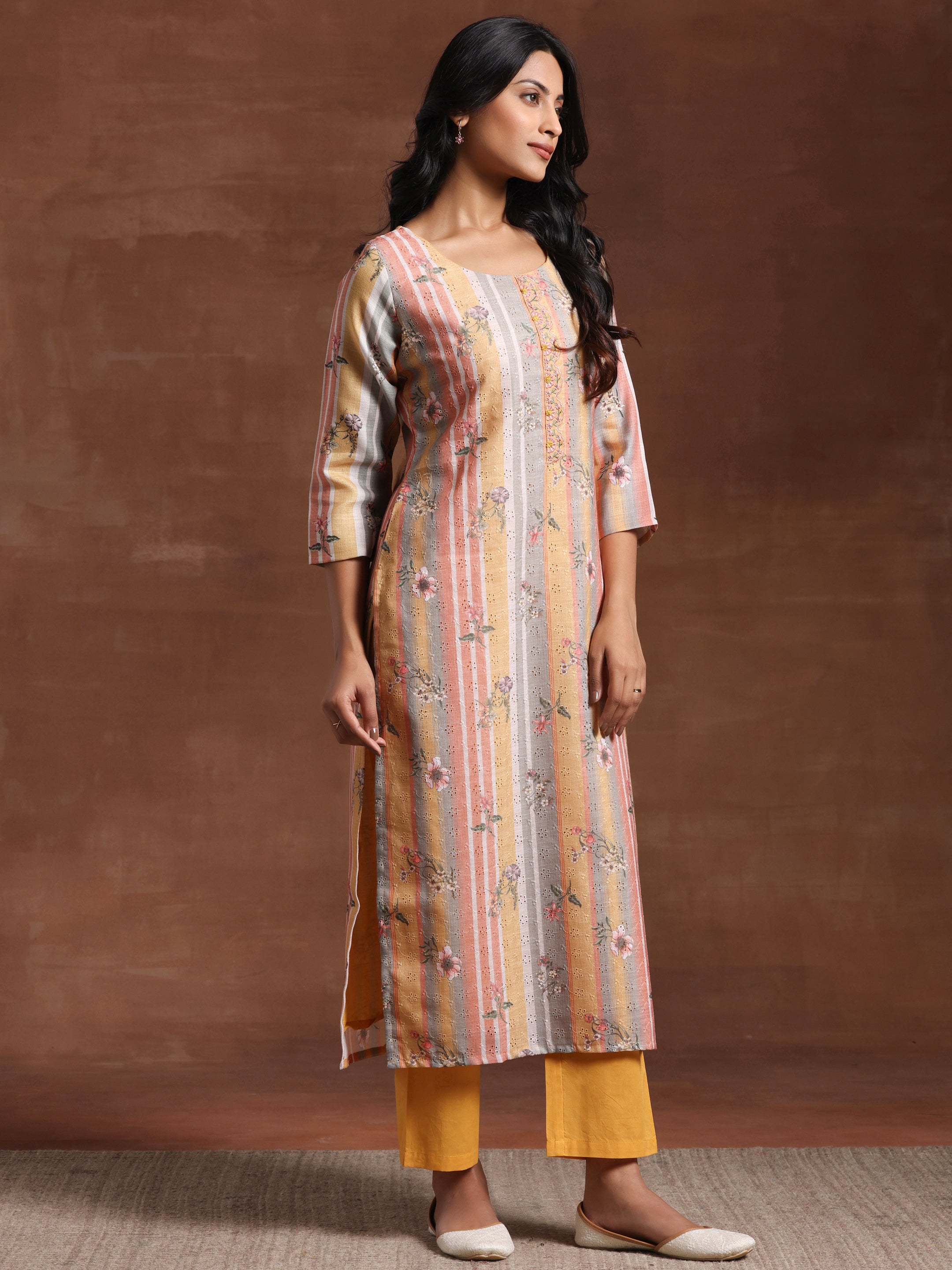 Mustard Striped Cotton Straight Suit With Dupatta