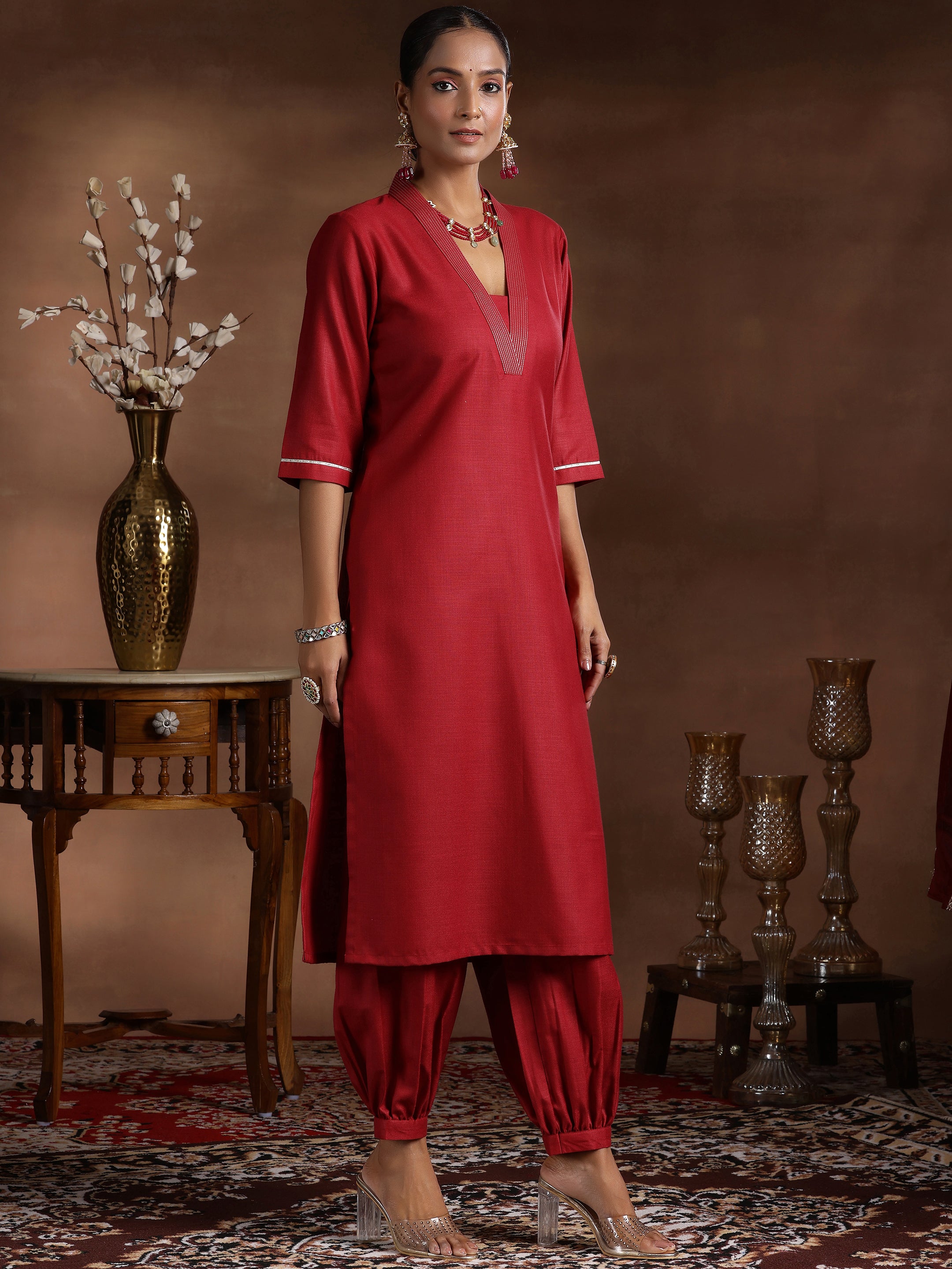 Maroon Solid Silk Blend Straight Suit With Dupatta