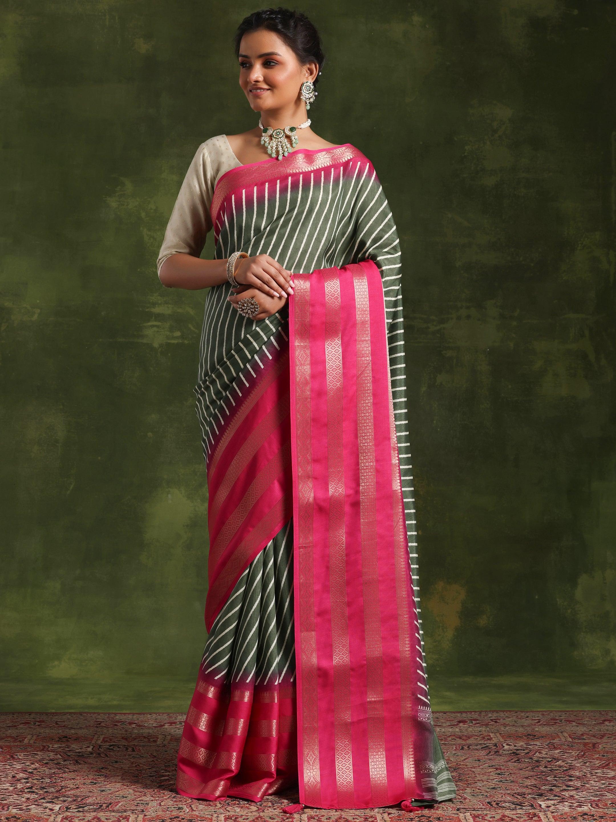 Green Printed Silk Blend Saree With Unstitched Blouse Piece