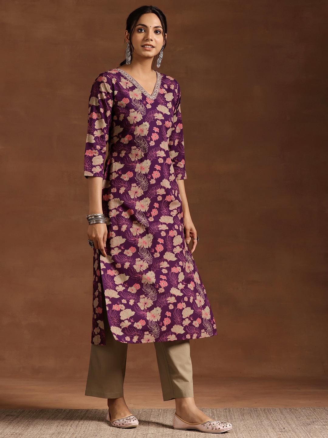 Wine Printed Cotton Straight Suit With Dupatta