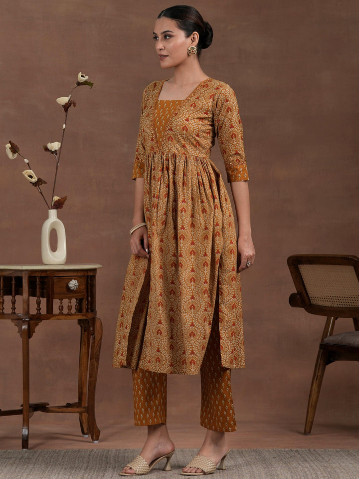 Mustard Printed Cotton A-Line Kurta With Palazzos - Libas