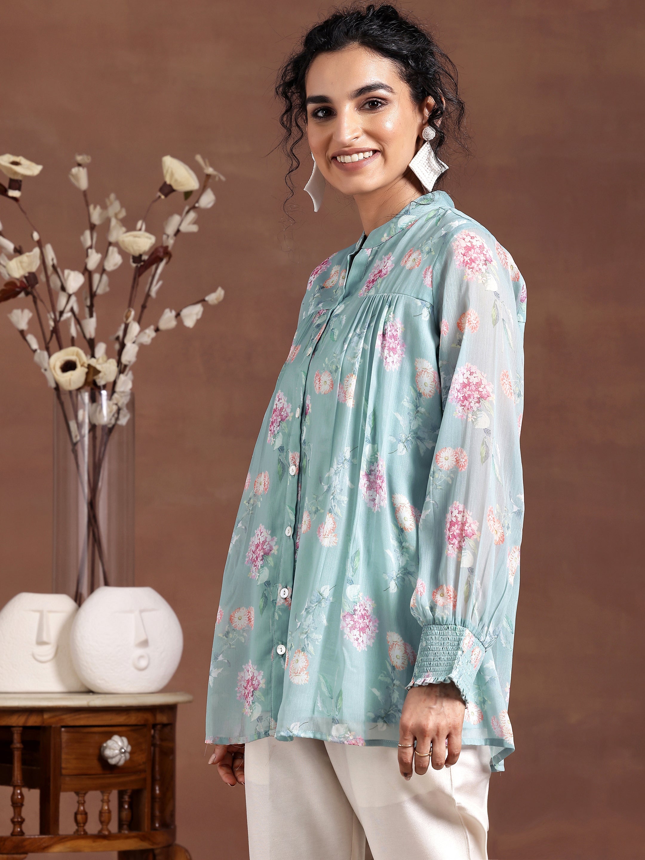 Blue Printed Chiffon A-Line Kurti