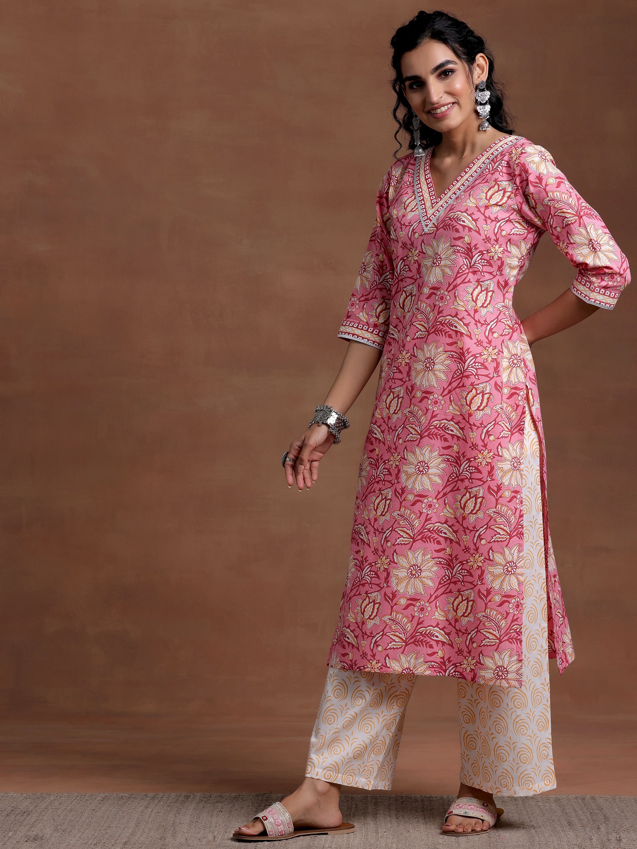 Pink Printed Cotton Straight Suit With Dupatta