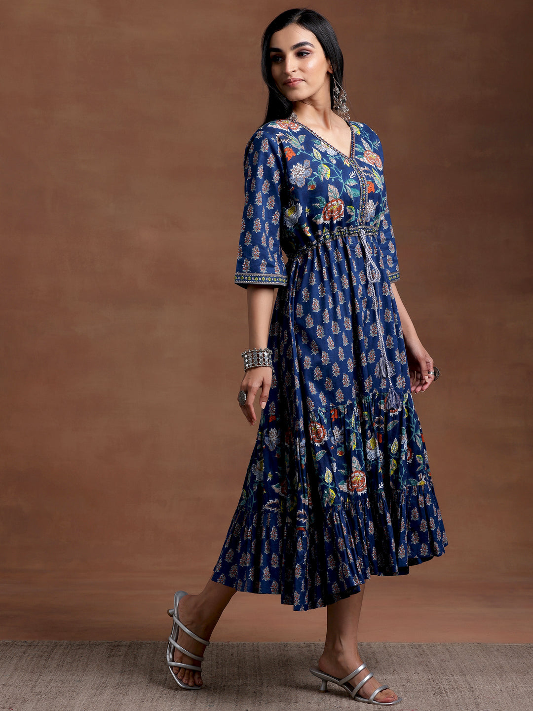 Blue Printed Cotton Fit and Flare Dress