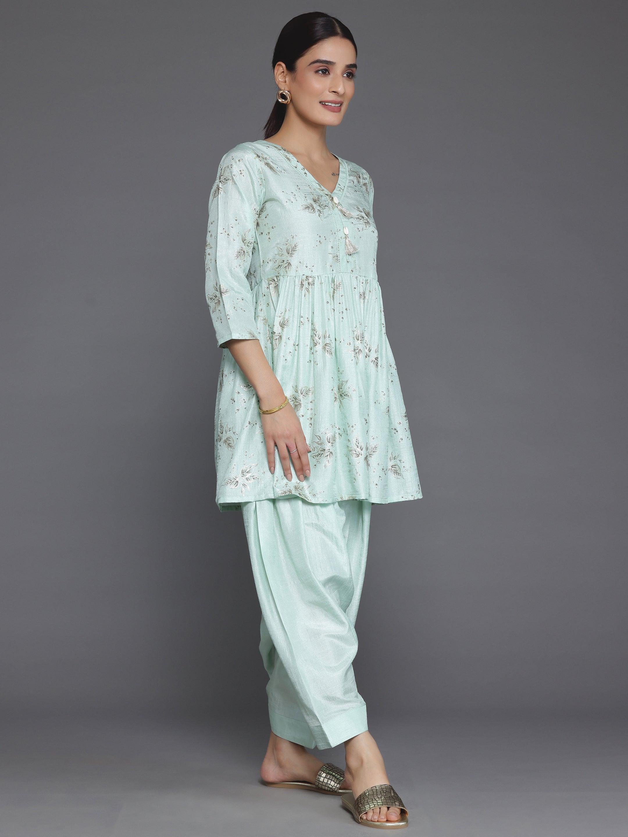 Sea Green Printed Silk Blend A-Line Kurta With Salwar