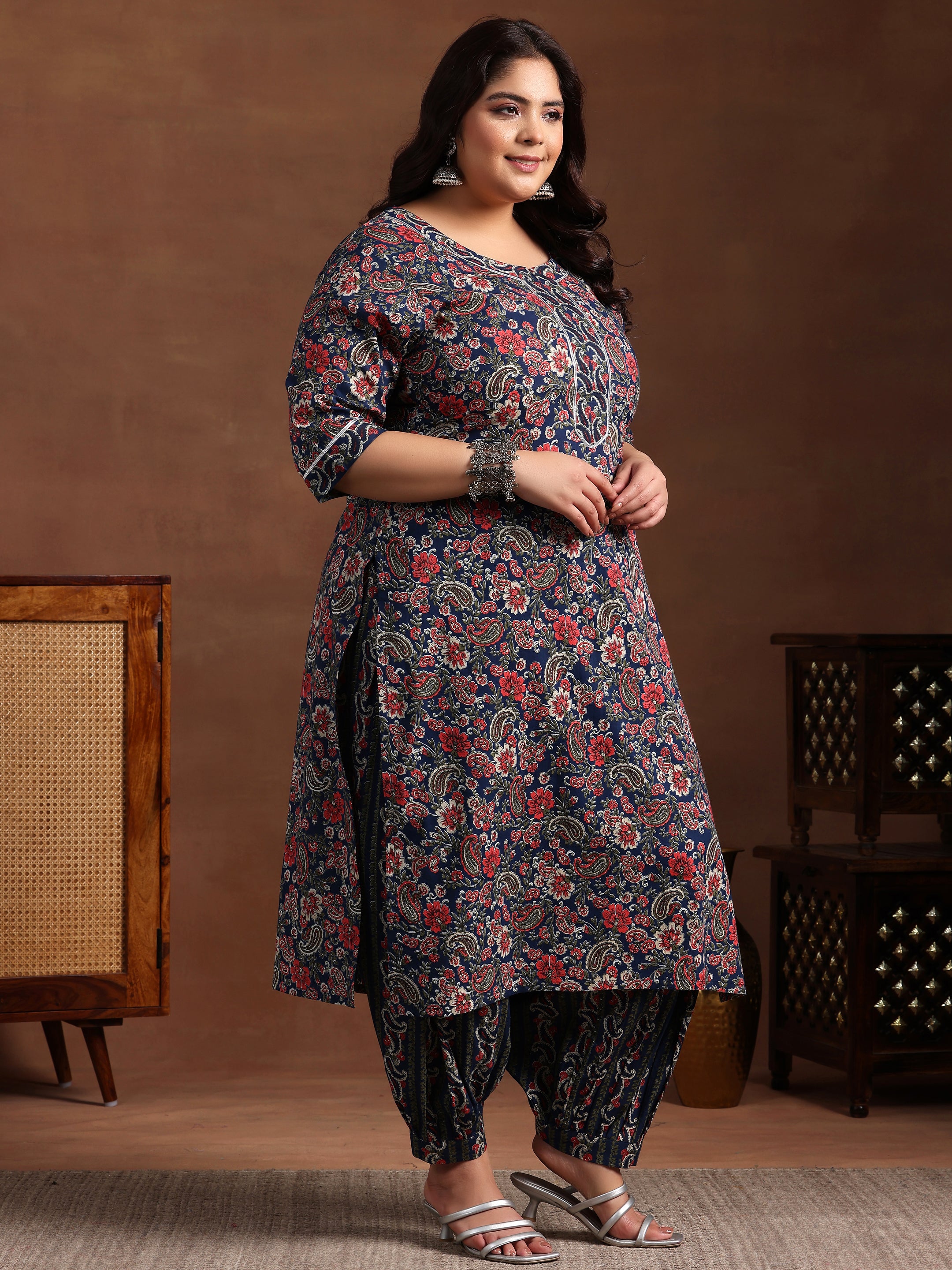 Plus Size Blue Printed Cotton Straight Suit With Dupatta