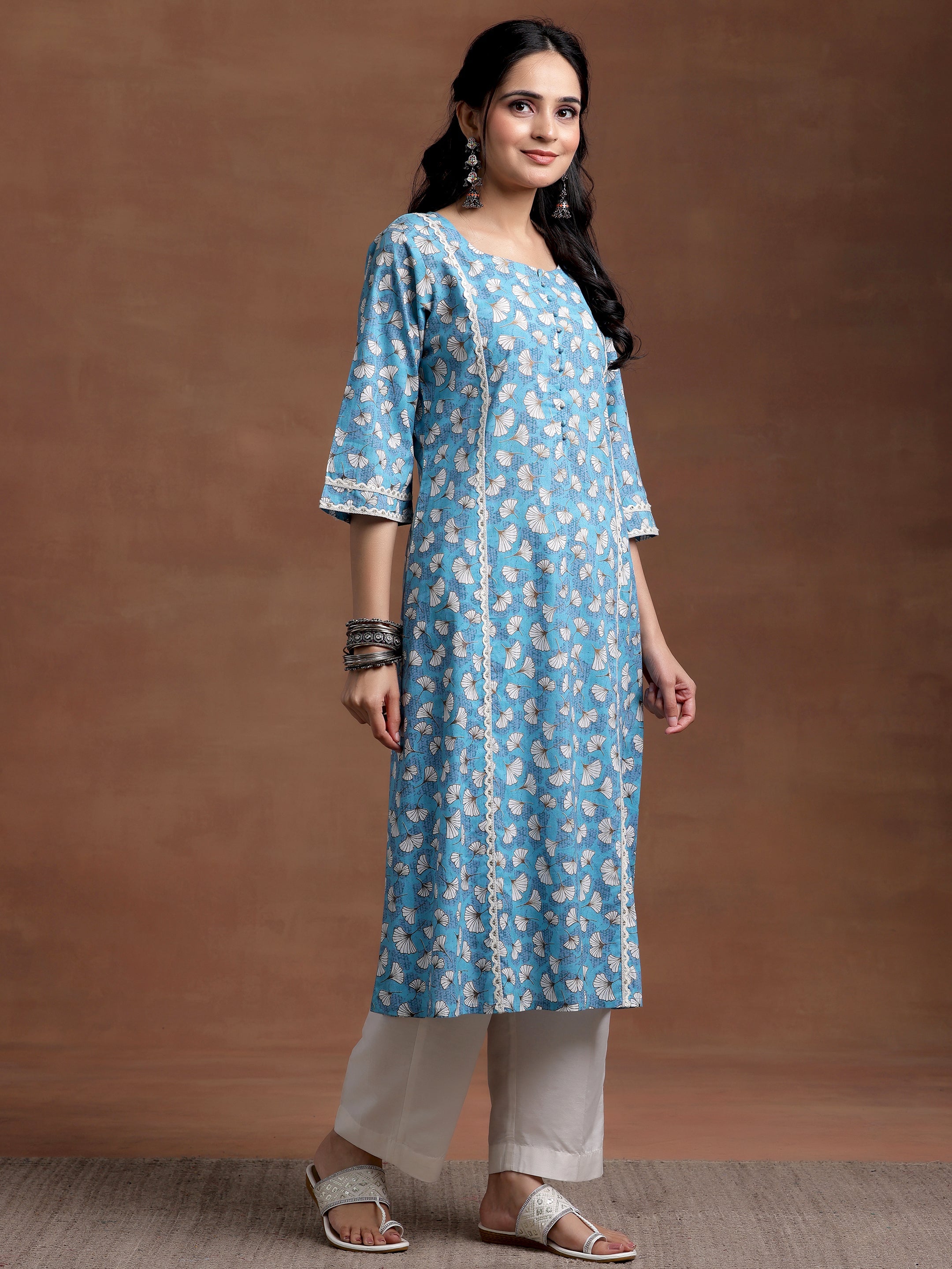 Blue Printed Cotton A-Line Kurta