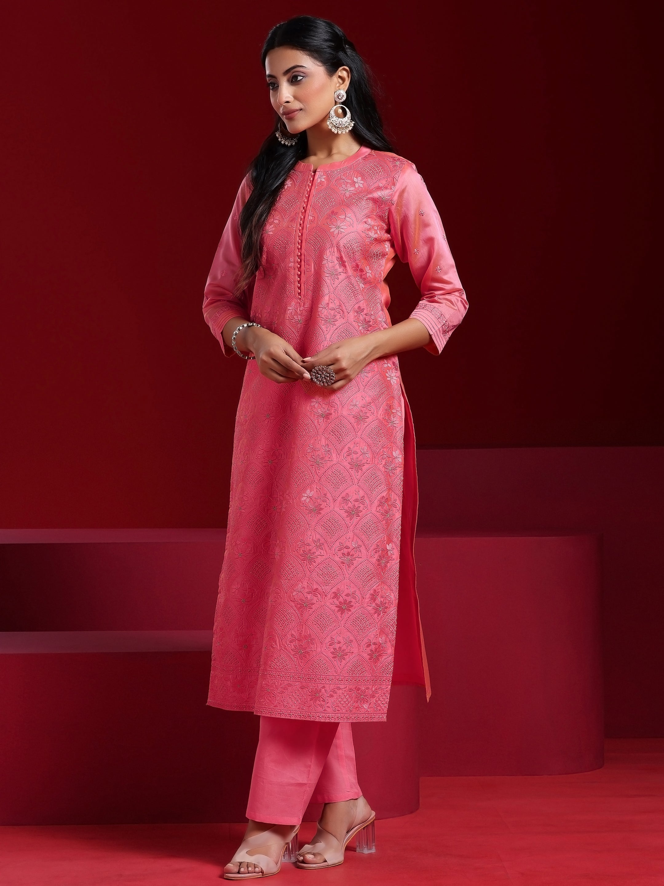 Libas Art Coral Embroidered Chanderi Silk Straight Suit With Dupatta