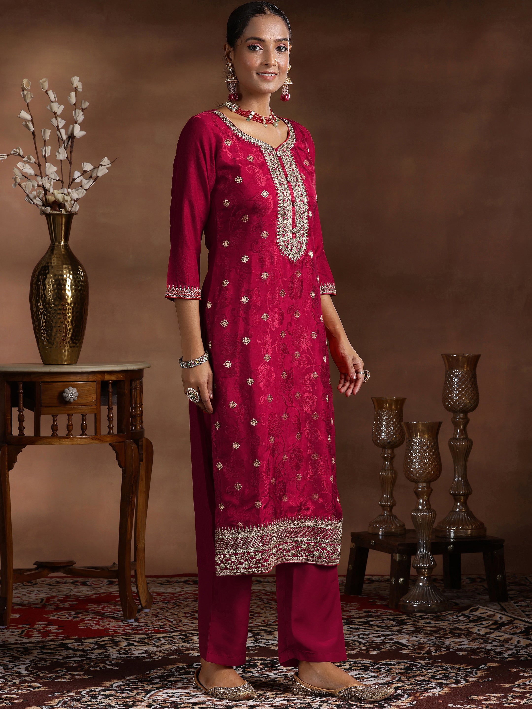 Maroon Woven Design Silk Blend Straight Suit With Dupatta