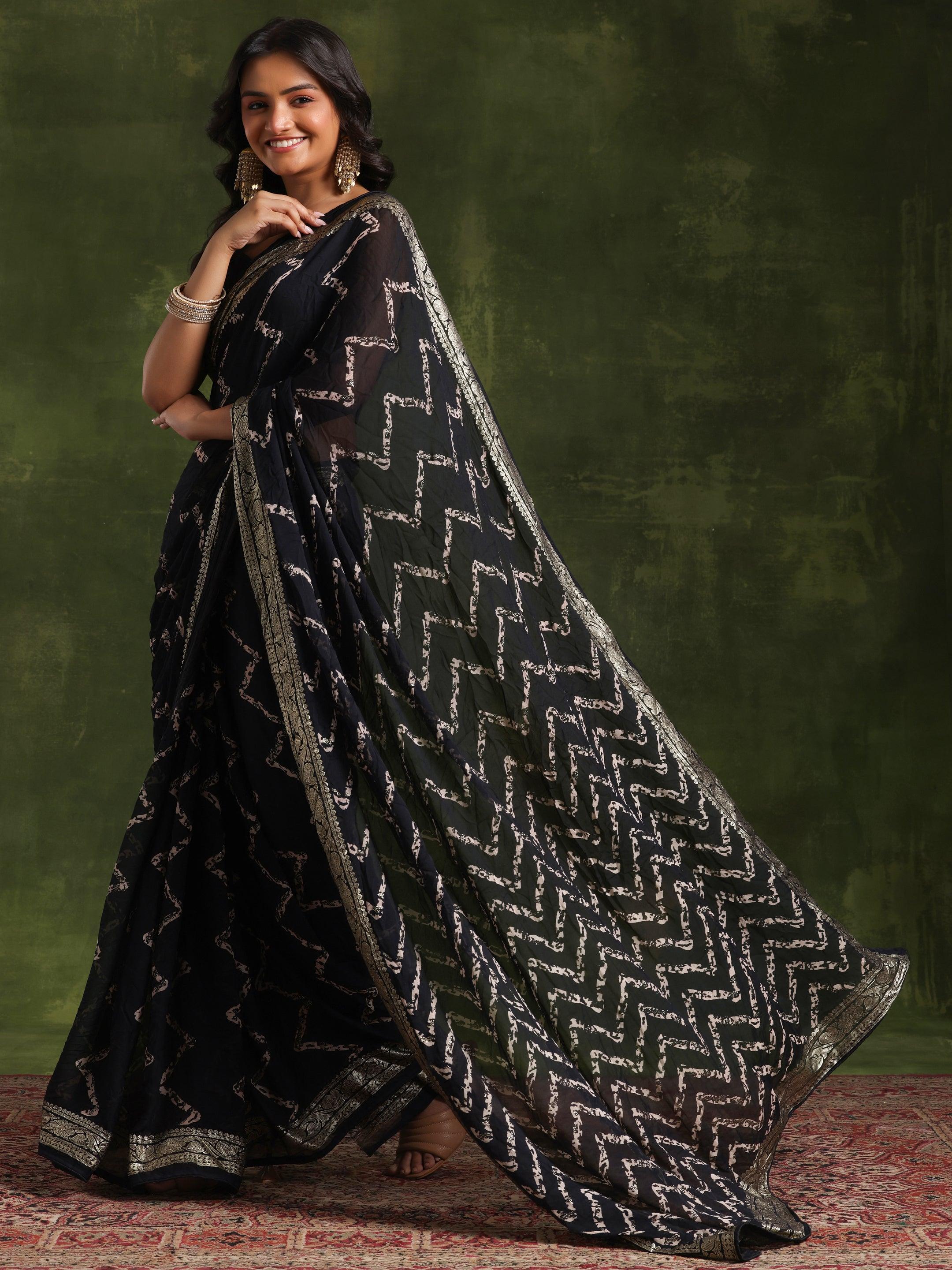 Black Printed Poly Georgette Saree With Unstitched Blouse Piece