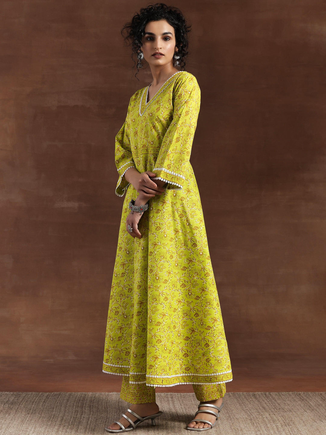 Green Printed Cotton Anarkali Suit With Dupatta