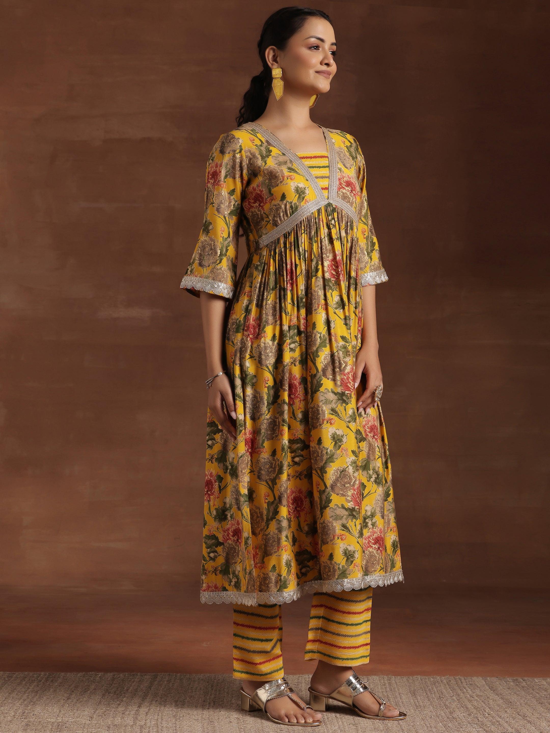 Yellow Printed Silk Blend A-Line Kurta With Trousers & Dupatta