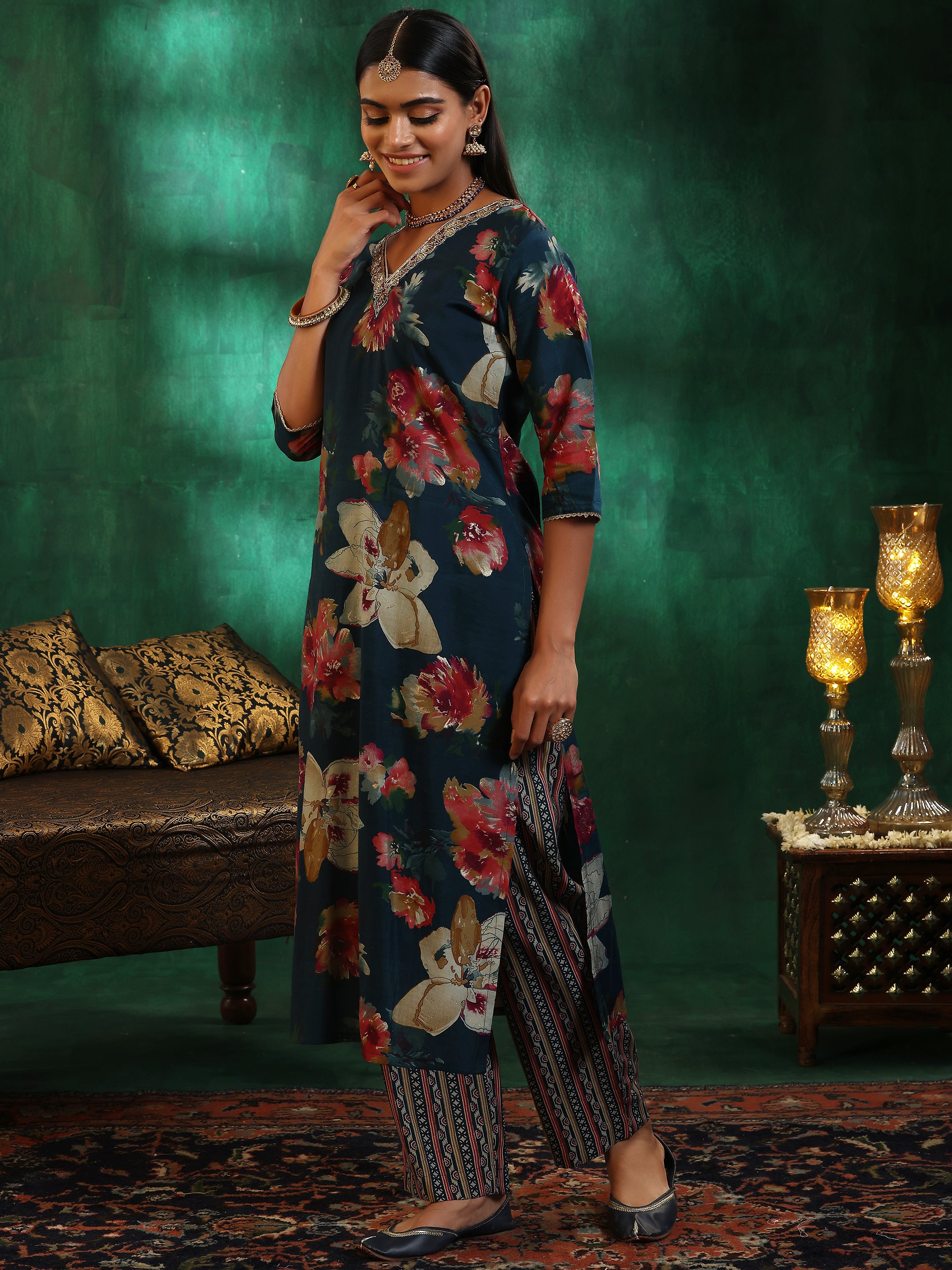 Teal Printed Silk Blend Straight Suit With Dupatta