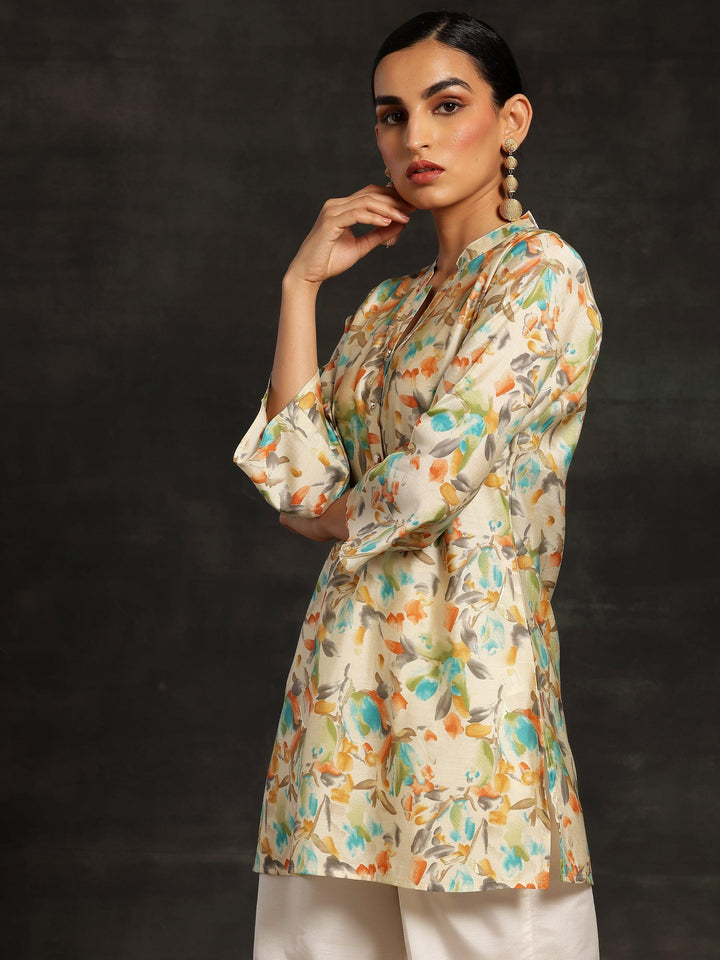 Beige Printed Silk Blend Straight Kurtis - ShopLibas