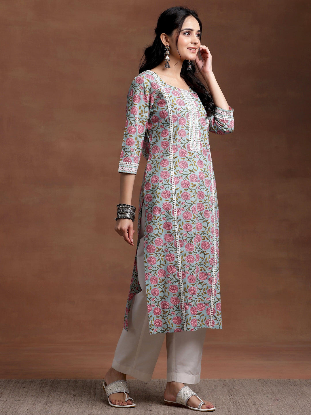 Blue Printed Cotton Straight Kurta - Libas