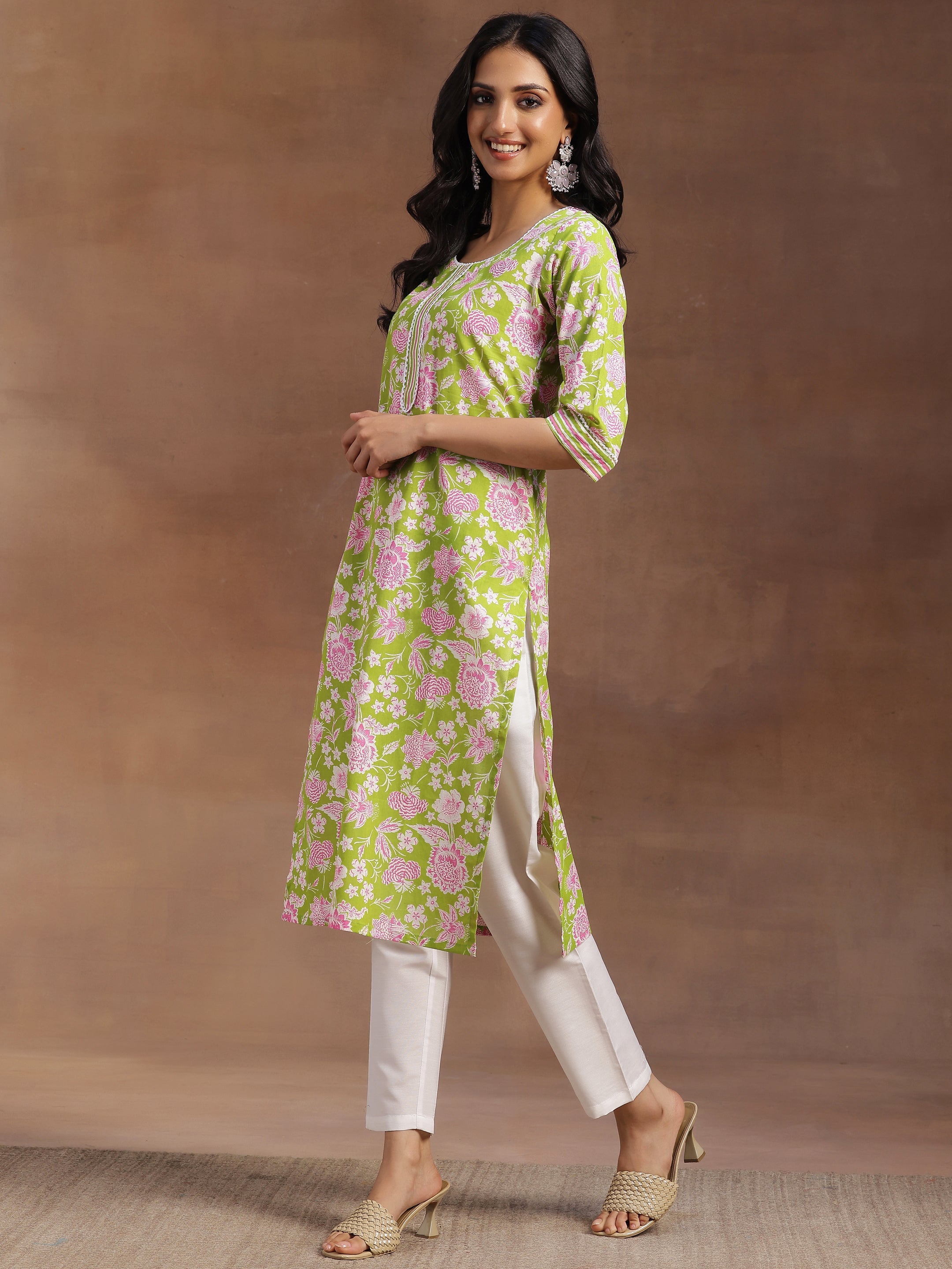 Green Printed Cotton Straight Kurta