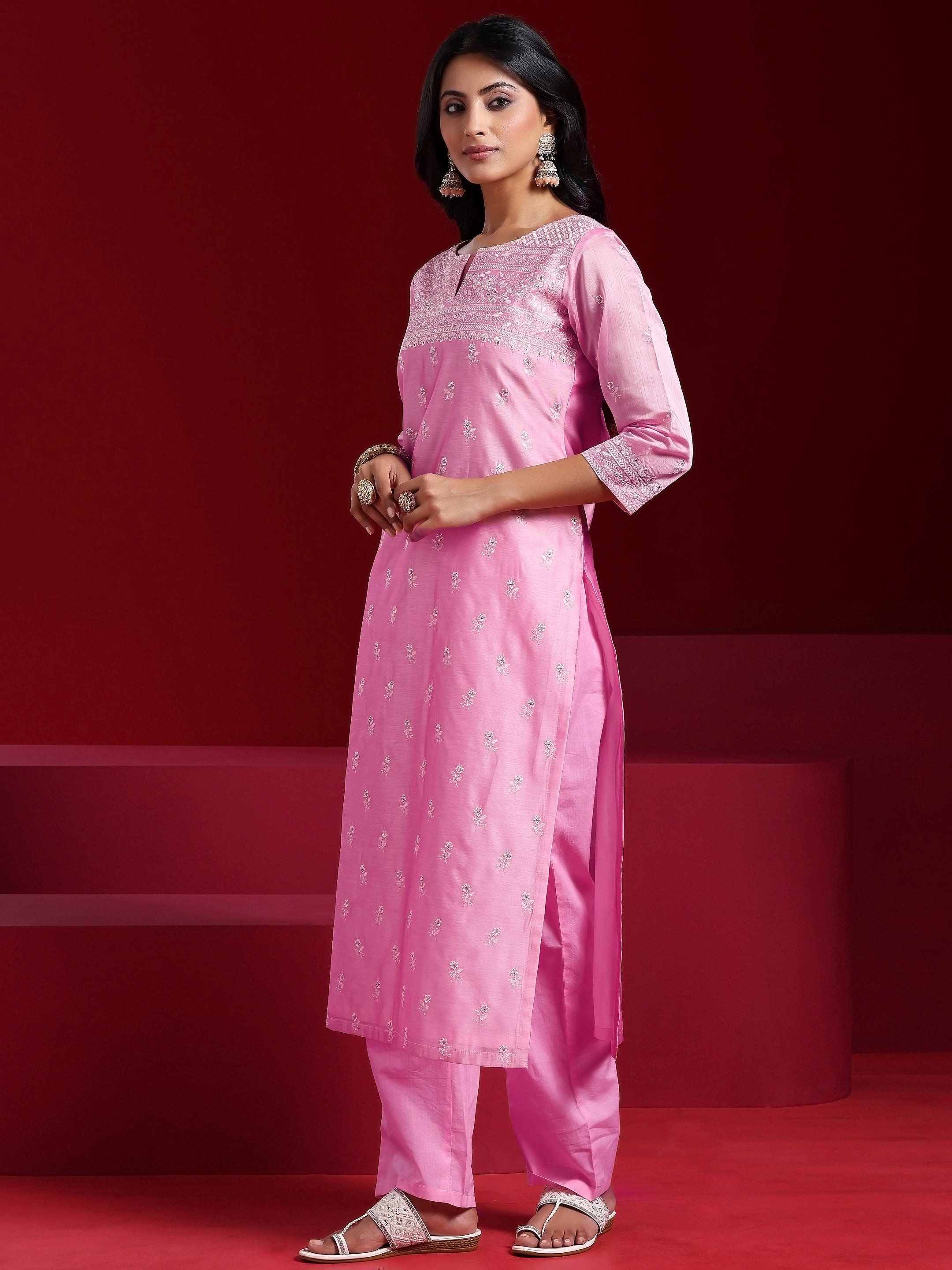 Libas Art Pink Embroidered Chanderi Silk Straight Suit With Dupatta