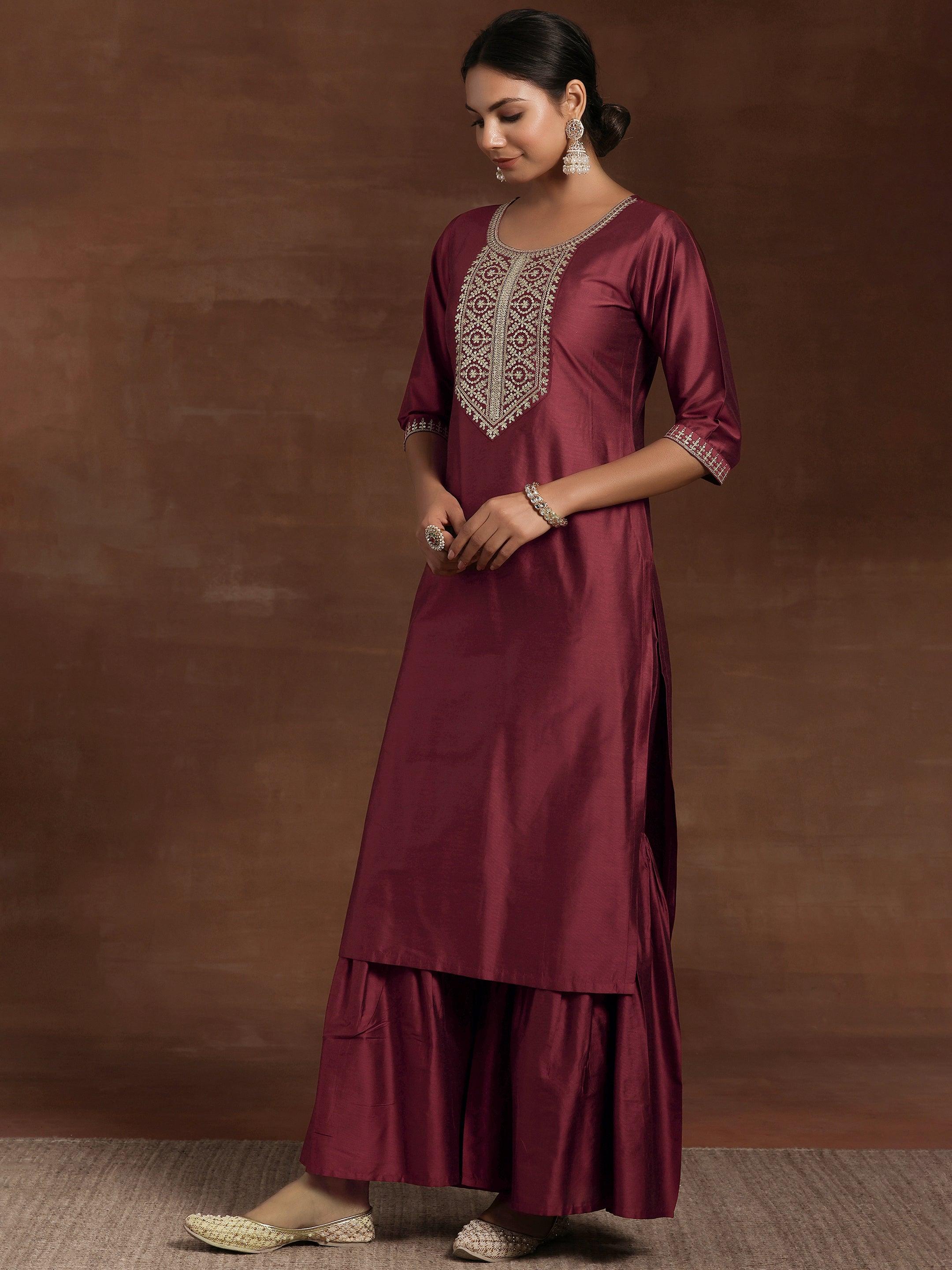 Rust Yoke Design Silk Blend Straight Suit With Dupatta