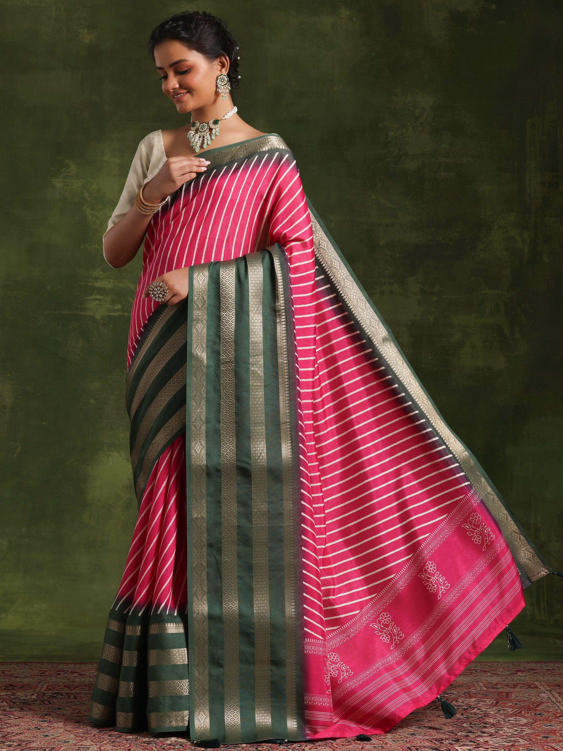 Pink Printed Silk Blend Saree With Unstitched Blouse Piece