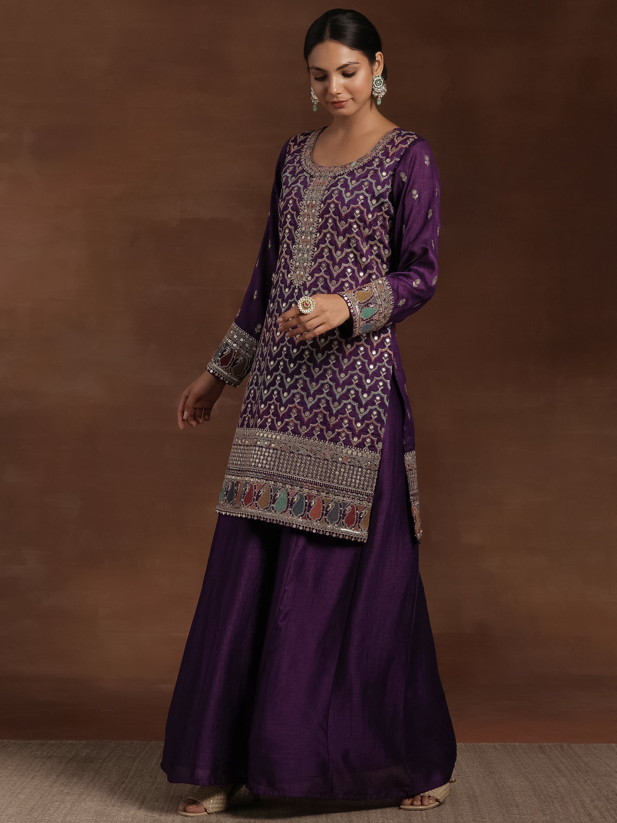 Adaa Purple Embroidered Silk Blend Straight Kurta With Palazzos & Dupatta