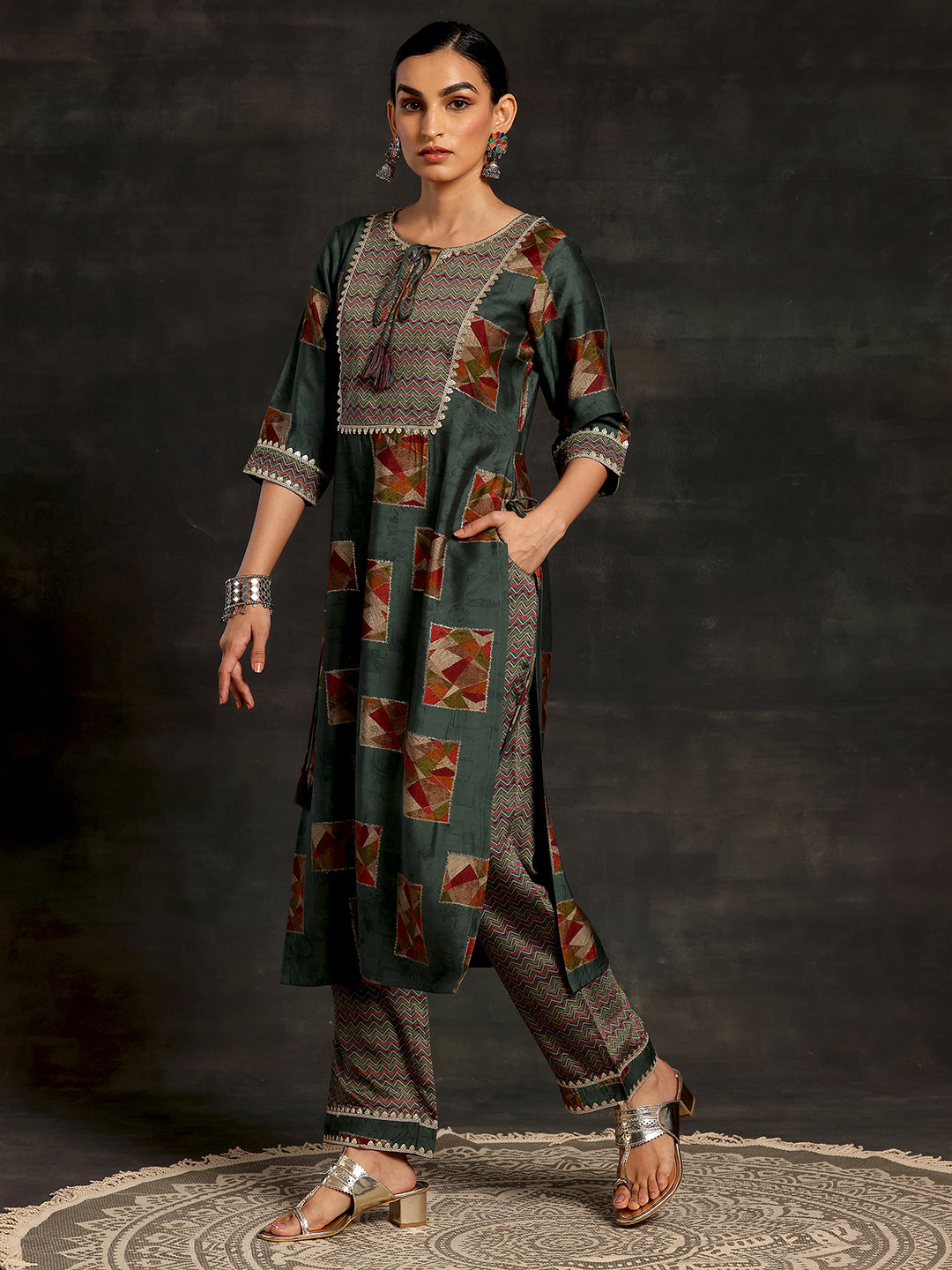 Green Printed Silk Blend Straight Suit With Dupatta