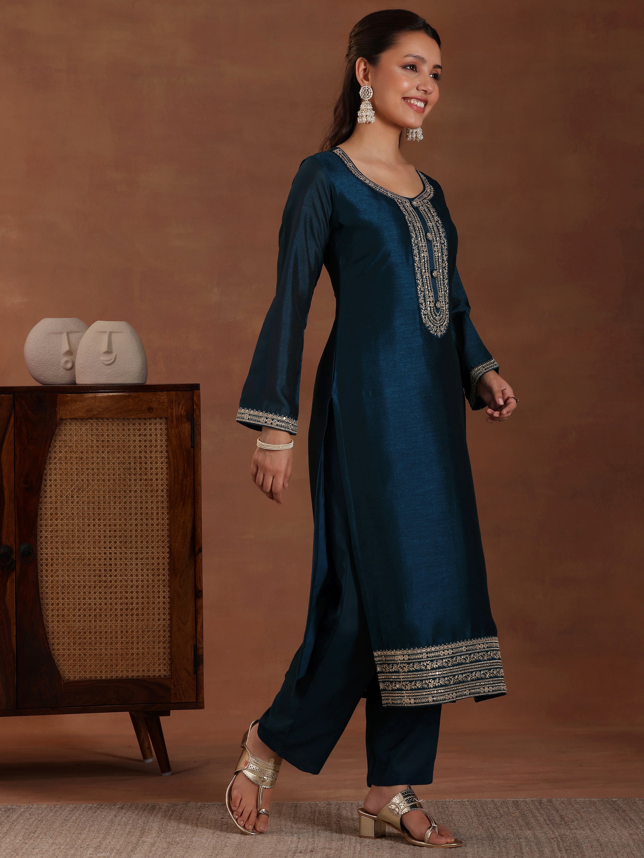 Teal Embroidered Silk Blend Straight Suit With Dupatta