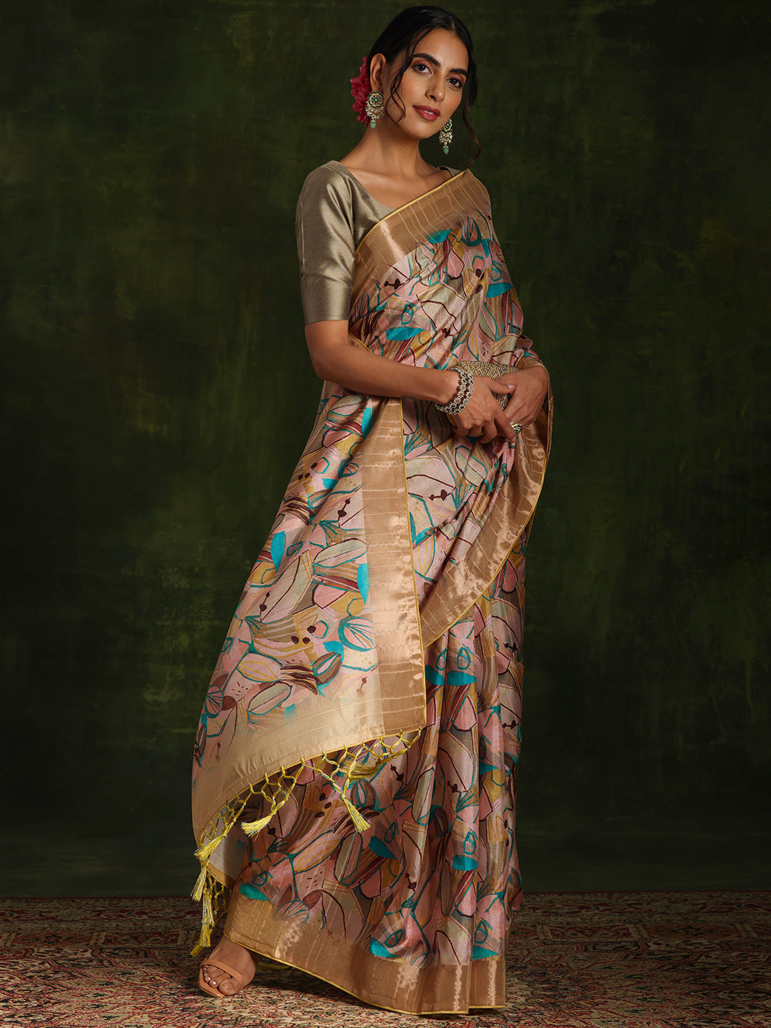 Green Printed Silk Blend Saree With Unstitched Blouse Piece